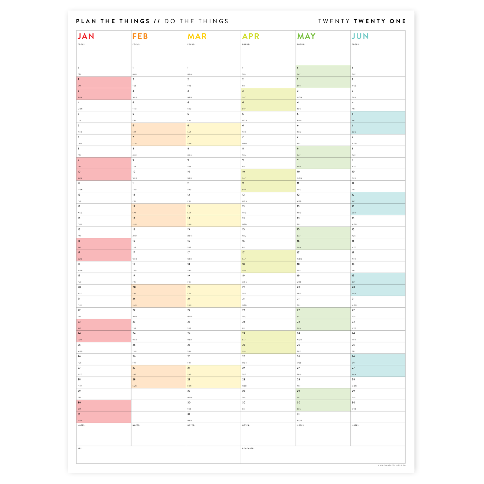 SIX MONTH 2026 GIANT WALL CALENDAR (JANUARY TO JUNE)  WITH RAINBOW WEEKENDS