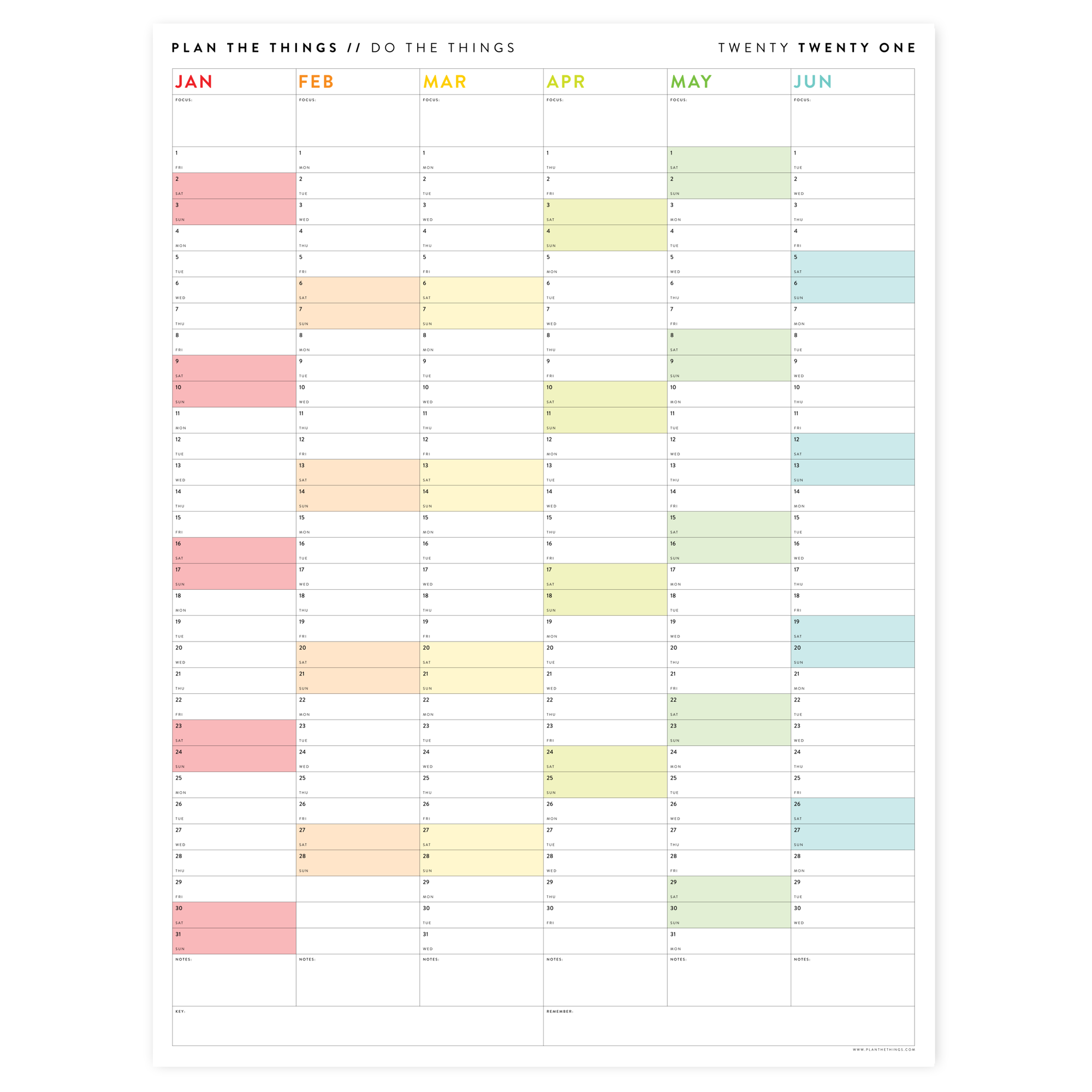 SIX MONTH 2026 GIANT WALL CALENDAR (JANUARY TO JUNE)  WITH RAINBOW WEEKENDS