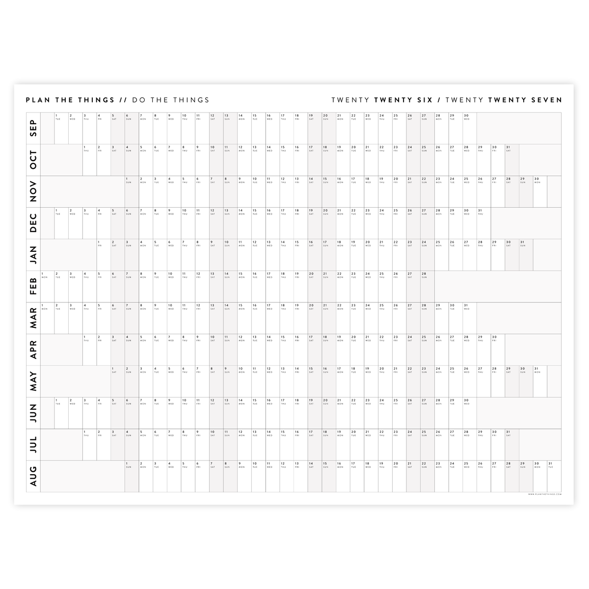 NEW! PRINTABLE SEPTEMBER START 2026 - 2027 HORIZONTAL ACADEMIC WALL CALENDAR WITH ALIGNED GRAY WEEKENDS - INSTANT DOWNLOAD