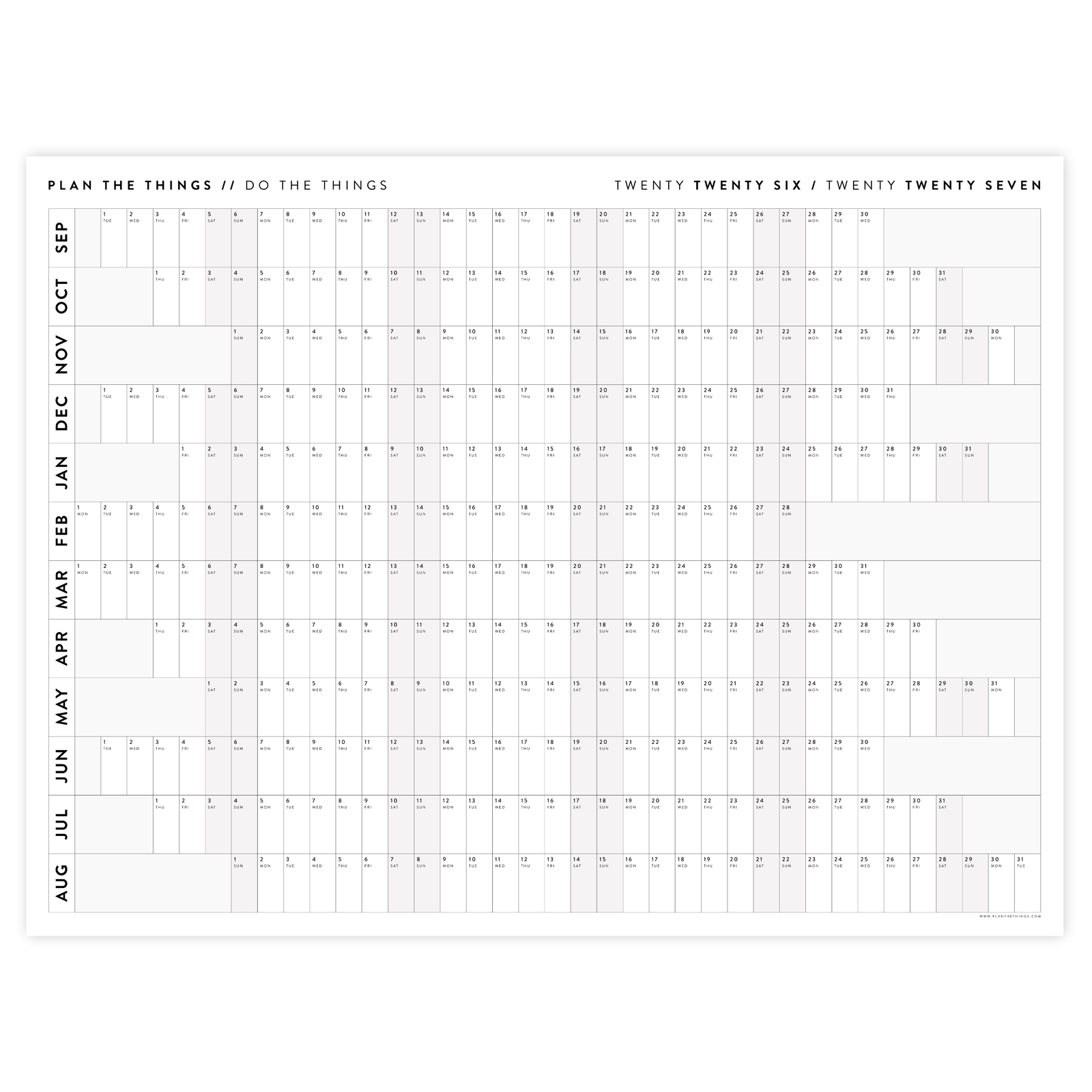 NEW! PRINTABLE SEPTEMBER START 2026 - 2027 HORIZONTAL ACADEMIC WALL CALENDAR WITH ALIGNED GRAY WEEKENDS - INSTANT DOWNLOAD