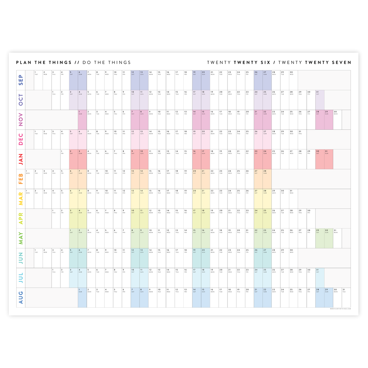 NEW! PRINTABLE SEPTEMBER START 2026 - 2027 HORIZONTAL ACADEMIC WALL CALENDAR WITH ALIGNED RAINBOW WEEKENDS - INSTANT DOWNLOAD