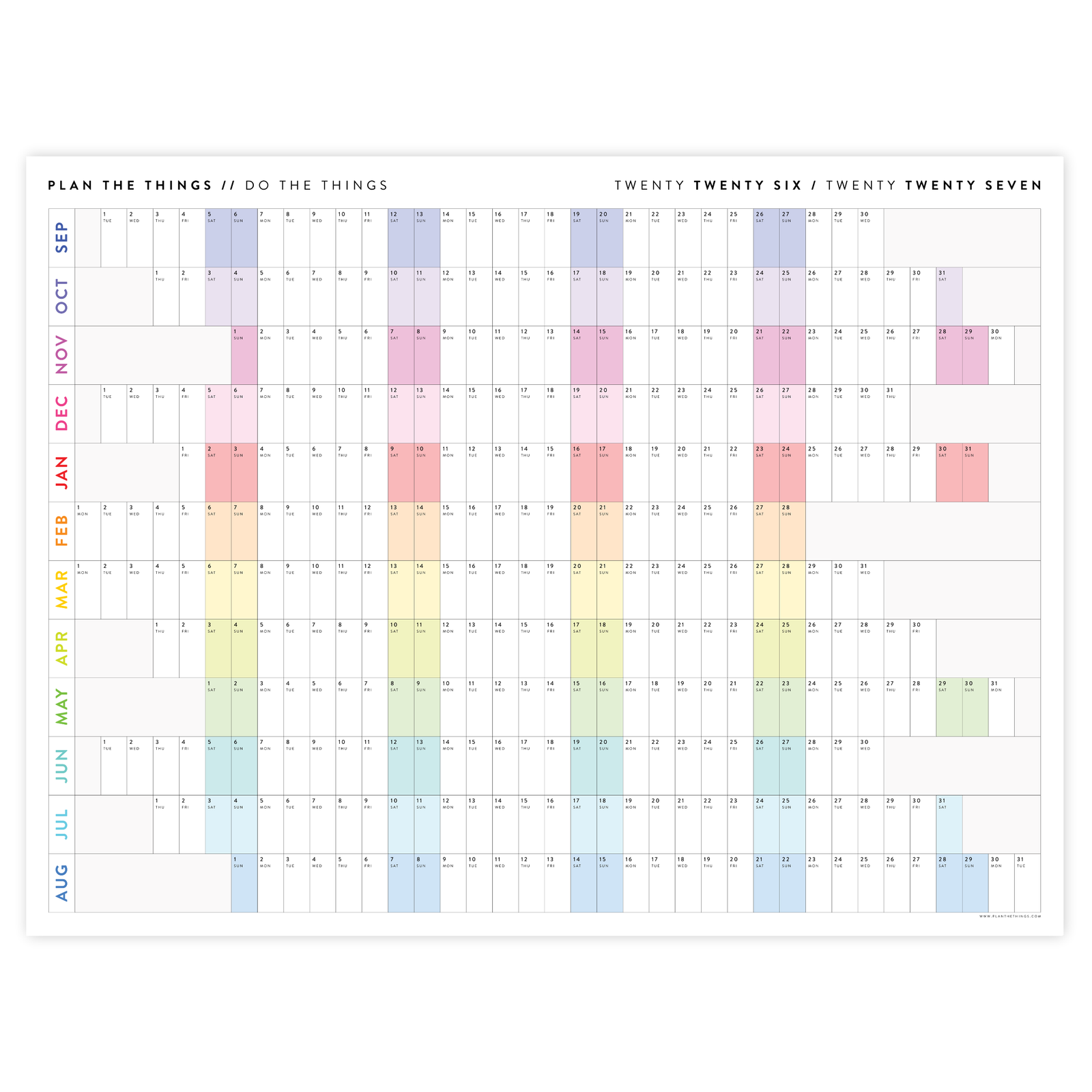 2026 - 2027 SEPTEMBER START ACADEMIC WALL CALENDAR | HORIZONTAL WITH RAINBOW ALIGNED WEEKENDS