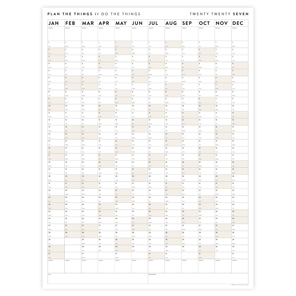 PRINTABLE VERTICAL 2027 WALL CALENDAR WITH BEIGE WEEKENDS - INSTANT DOWNLOAD