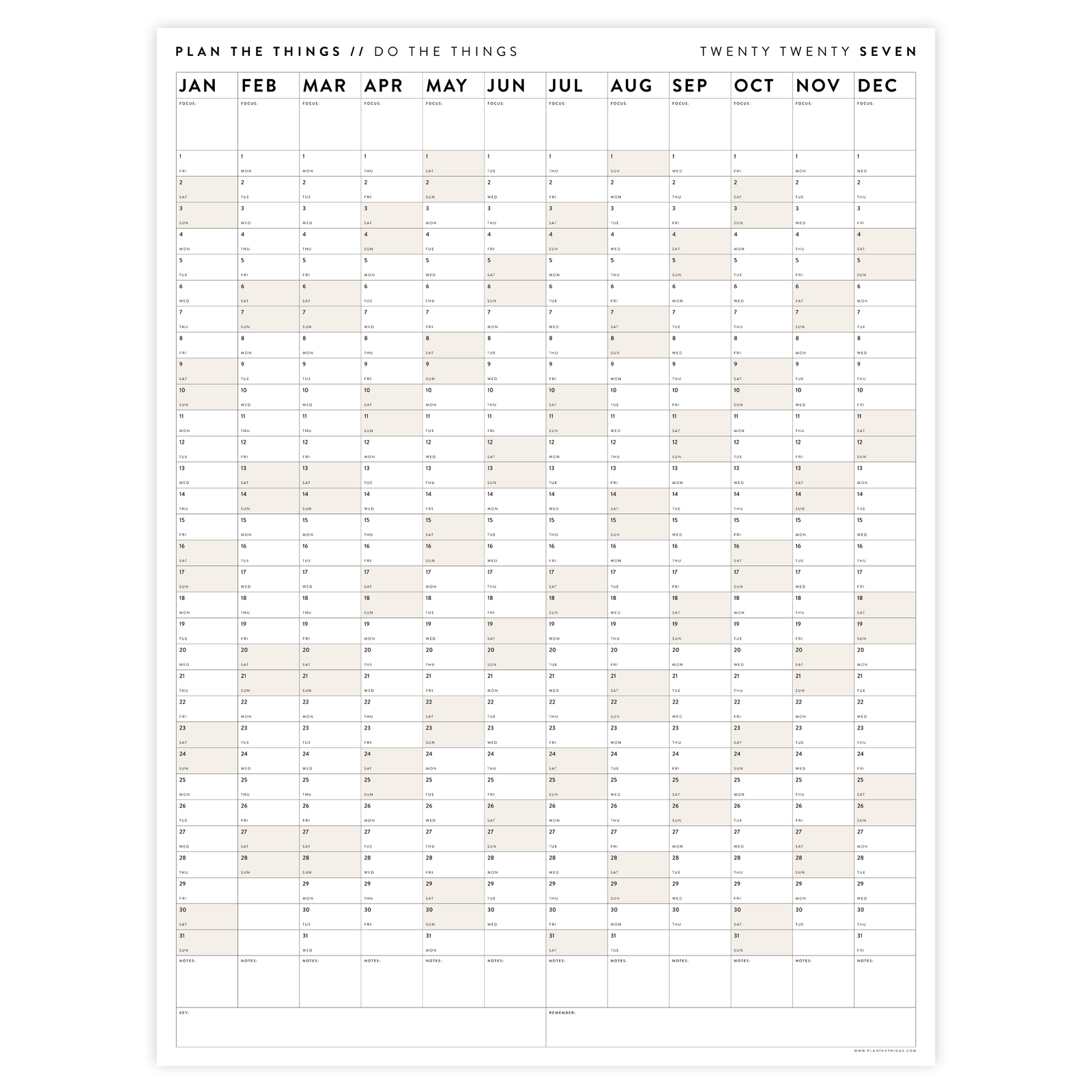 PRINTABLE VERTICAL 2027 WALL CALENDAR WITH BEIGE WEEKENDS - INSTANT DOWNLOAD