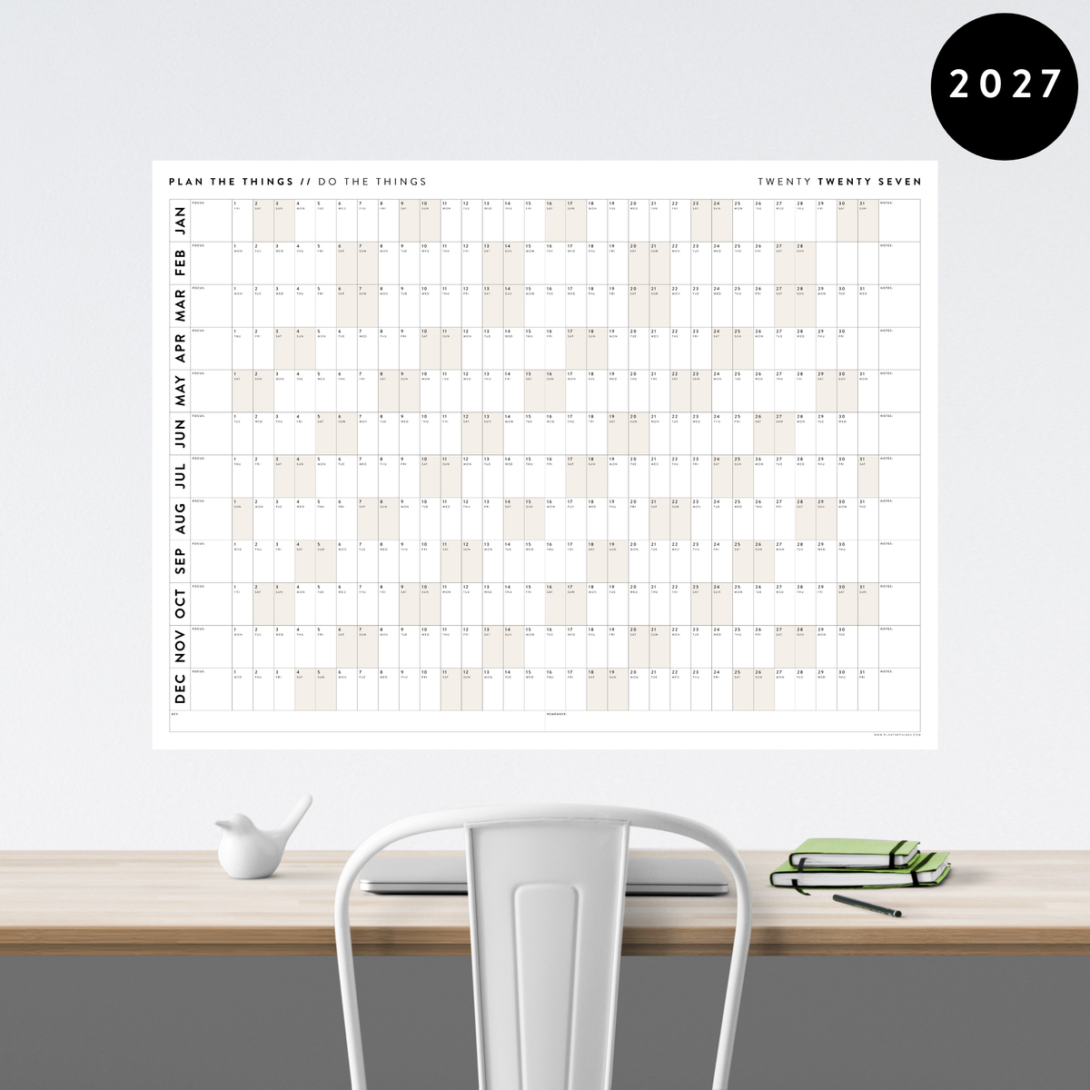 GIANT 2027 ANNUAL WALL CALENDAR | HORIZONTAL WITH BEIGE WEEKENDS