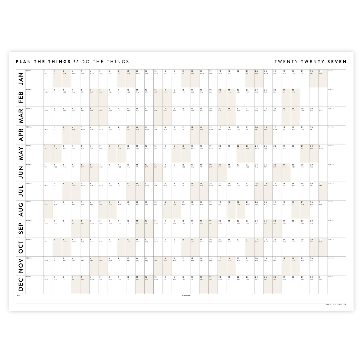 GIANT 2027 ANNUAL WALL CALENDAR | HORIZONTAL WITH BEIGE WEEKENDS