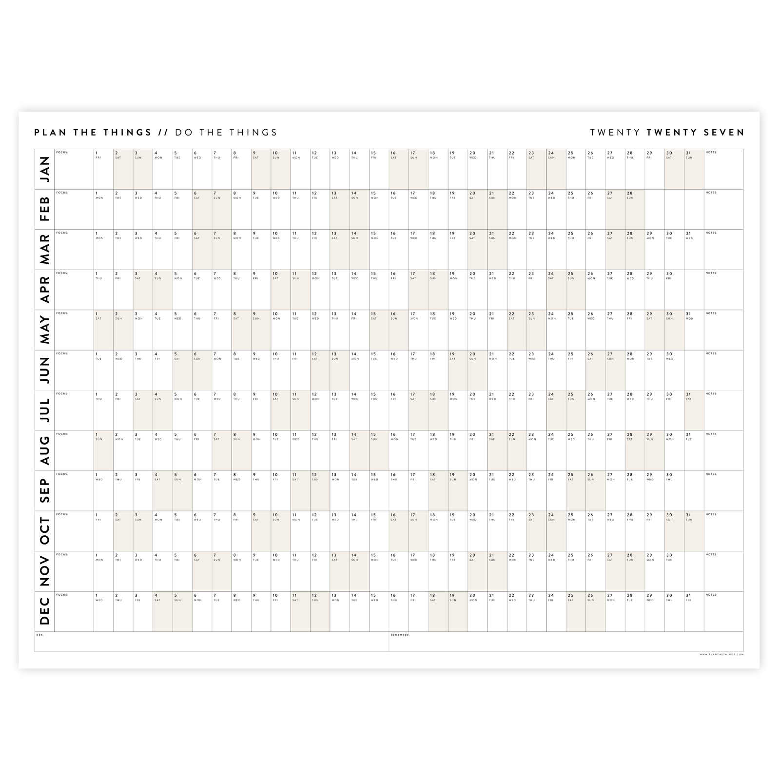 GIANT 2027 ANNUAL WALL CALENDAR | HORIZONTAL WITH BEIGE WEEKENDS