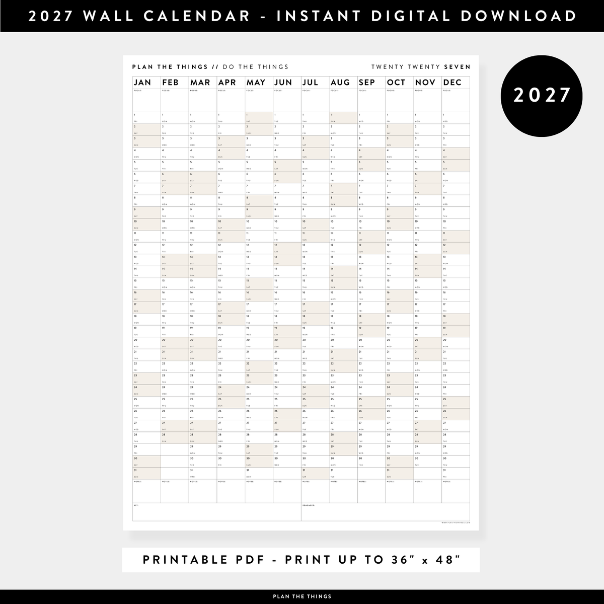 PRINTABLE VERTICAL 2027 WALL CALENDAR WITH BEIGE WEEKENDS - INSTANT DOWNLOAD