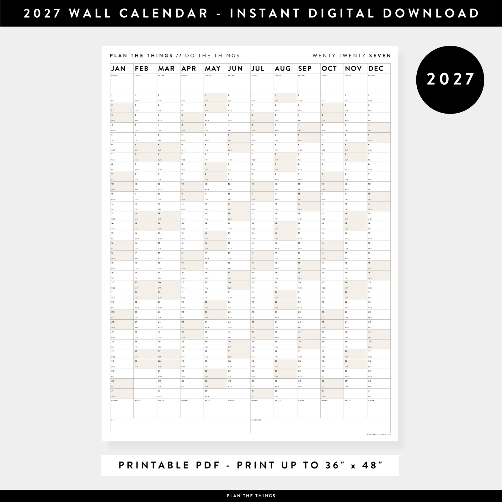 PRINTABLE VERTICAL 2027 WALL CALENDAR WITH BEIGE WEEKENDS - INSTANT DOWNLOAD