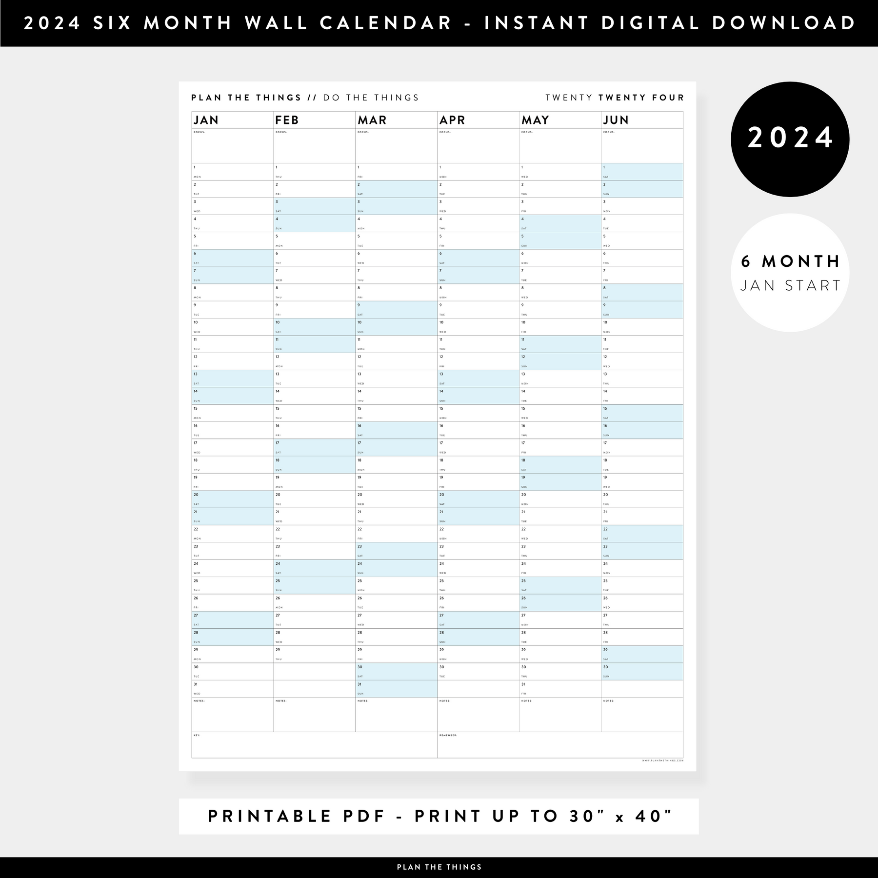 PRINTABLE 2024 SIX MONTH CALENDARS - BLUE2024 JANSTARTSIXMONTHWALLCALENDAR DIGITALDOWNLOAD PLANTHETHINGS 1800x 