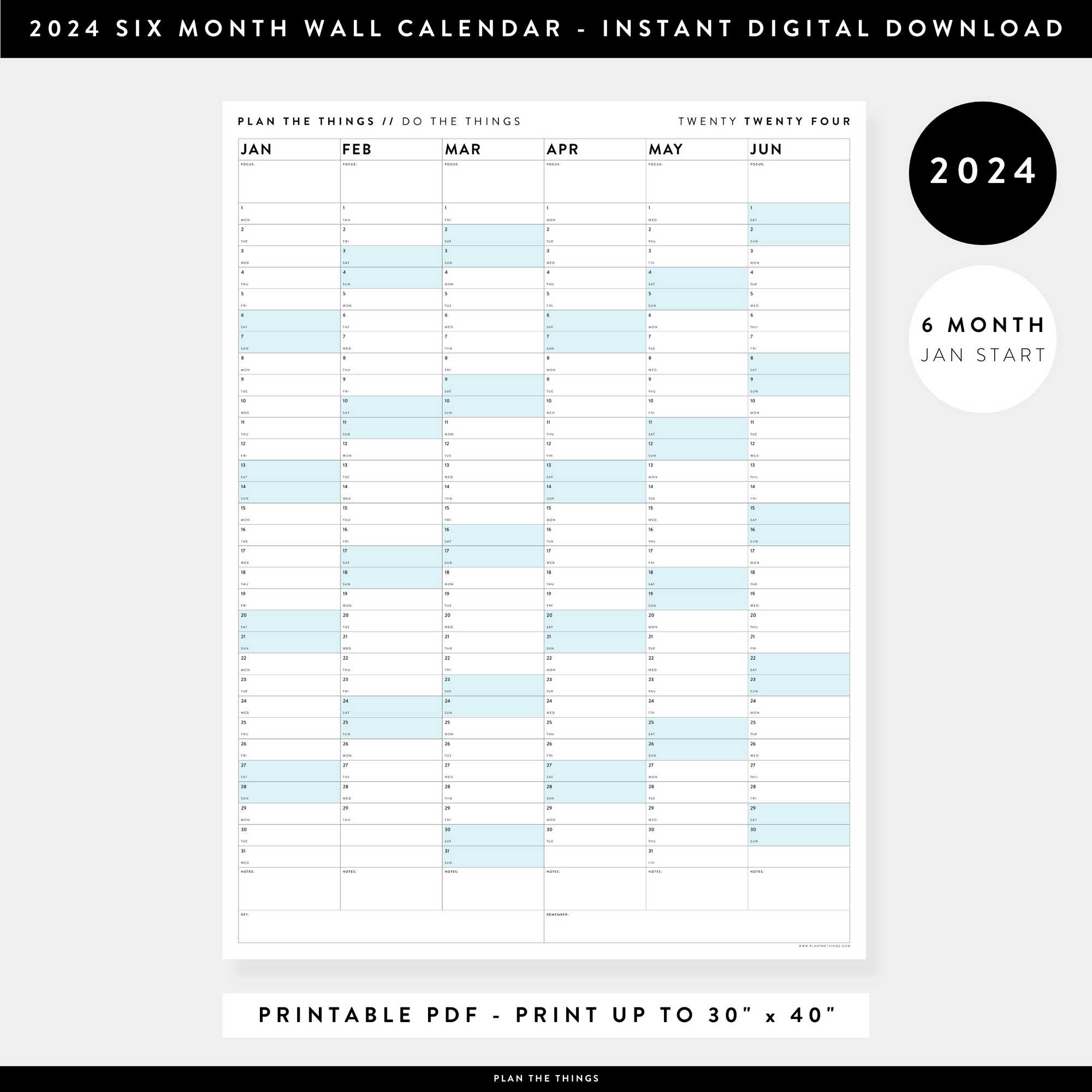 PRINTABLE SIX MONTH 2024 WALL CALENDAR (JANUARY TO JUNE) WITH BLUE WEEKENDS - INSTANT DOWNLOAD
