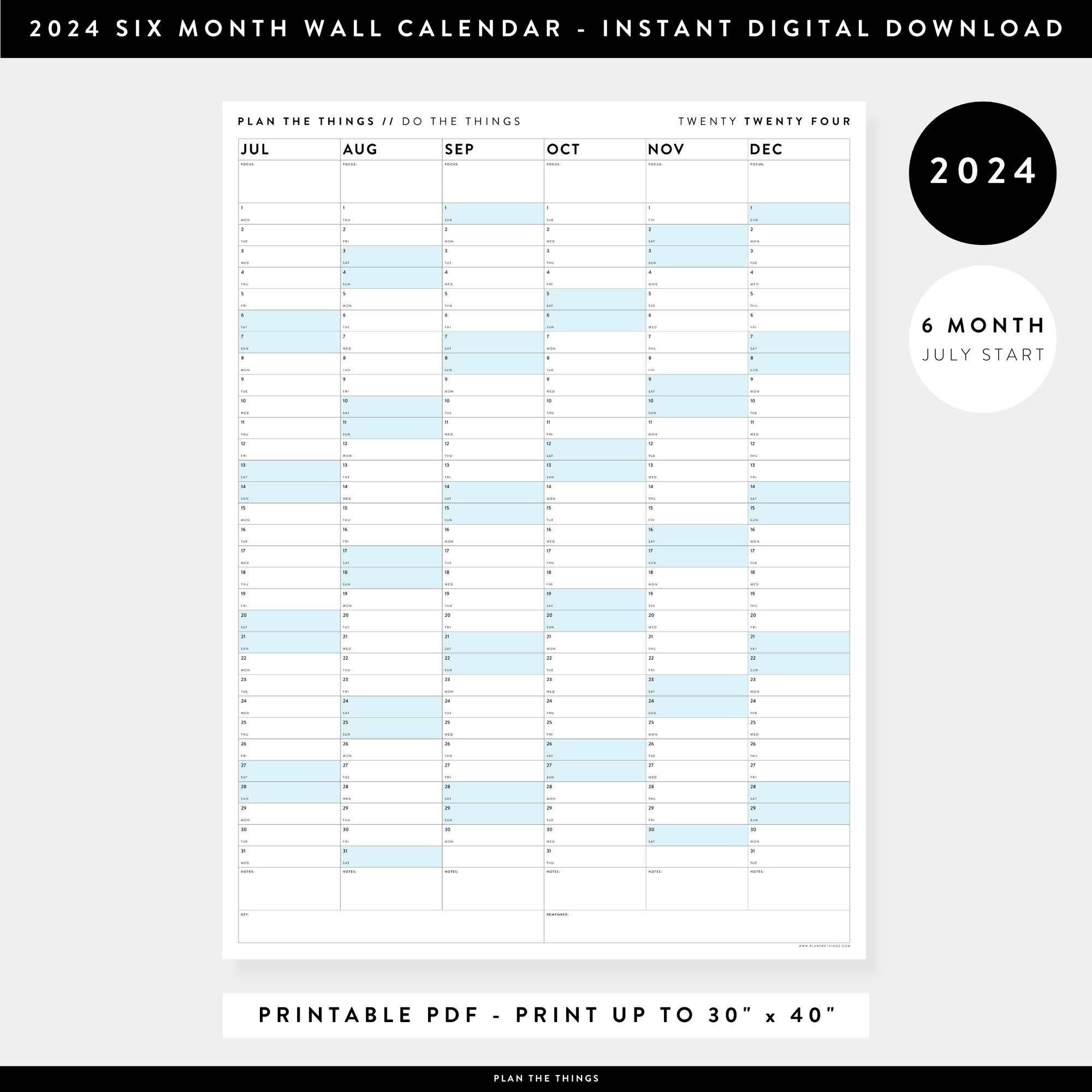PRINTABLE SIX MONTH 2024 WALL CALENDAR (JULY TO DECEMBER) WITH BLUE WEEKENDS - INSTANT DOWNLOAD