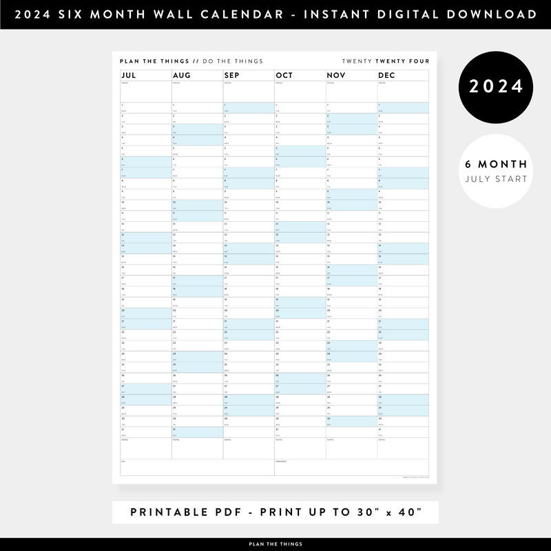 PRINTABLE 2024 SIX MONTH CALENDARS - BLUE2024 JULYSTARTSIXMONTHWALLCALENDAR DIGITALDOWNLOAD PLANTHETHINGS 800x 