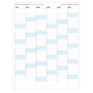 PRINTABLE SIX MONTH 2024 WALL CALENDAR (JANUARY TO JUNE) WITH BLUE WEEKENDS - INSTANT DOWNLOAD