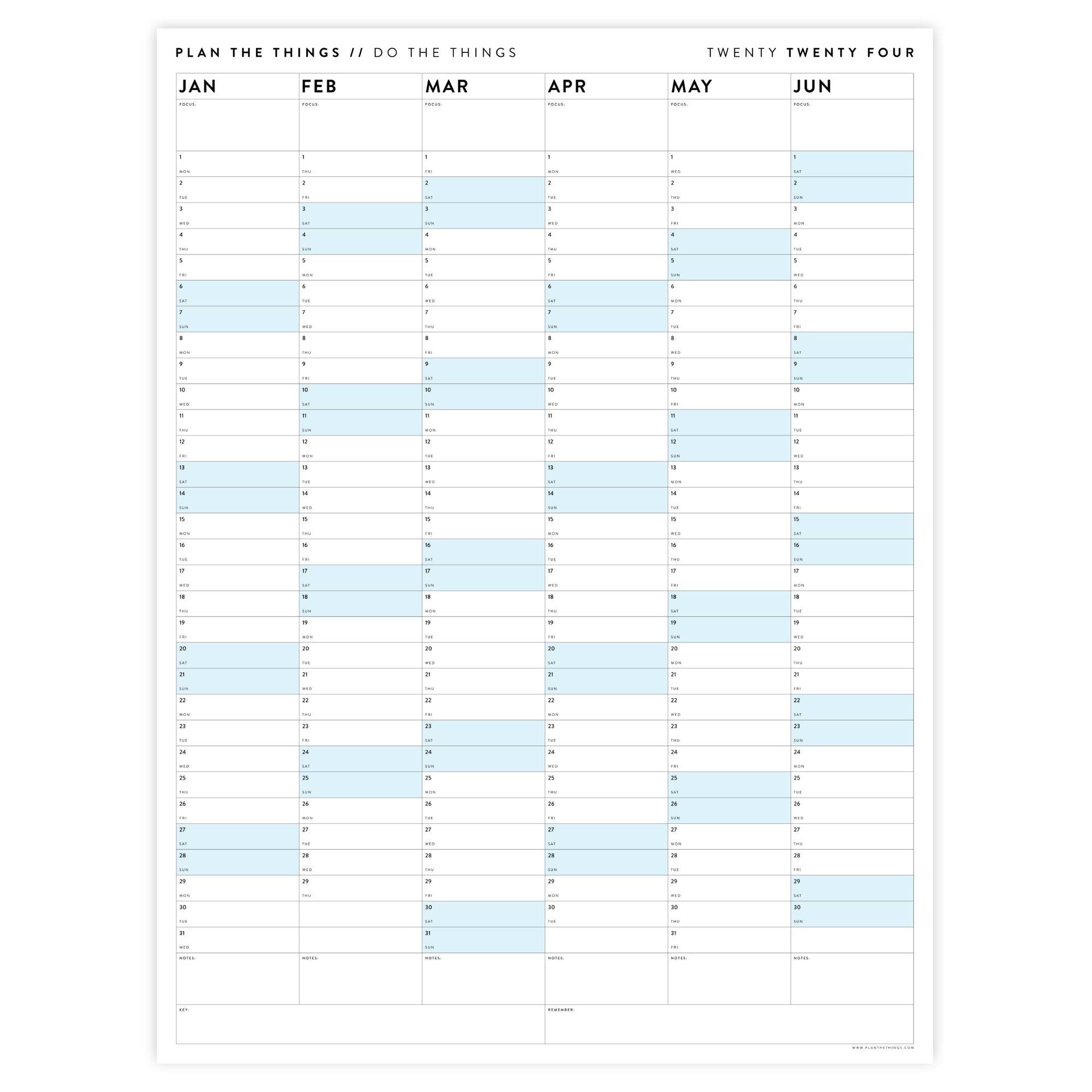 PRINTABLE SIX MONTH 2024 WALL CALENDAR SET WITH BLUE WEEKENDS - INSTANT DOWNLOAD