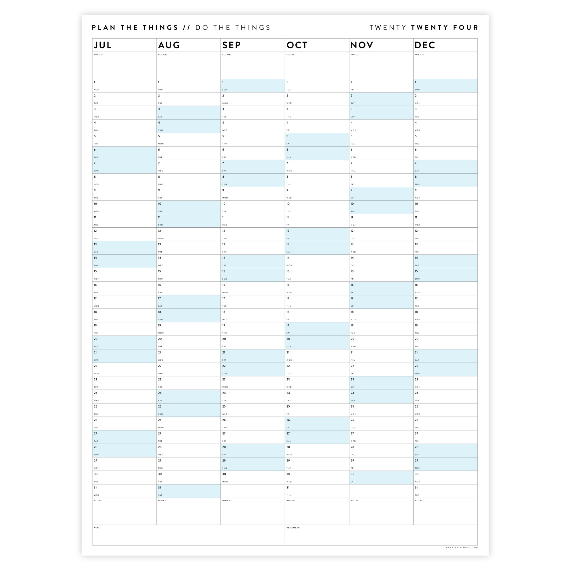 SIX MONTH 2024 GIANT WALL CALENDAR (JULY TO DECEMBER) WITH BLUE WEEKENDS