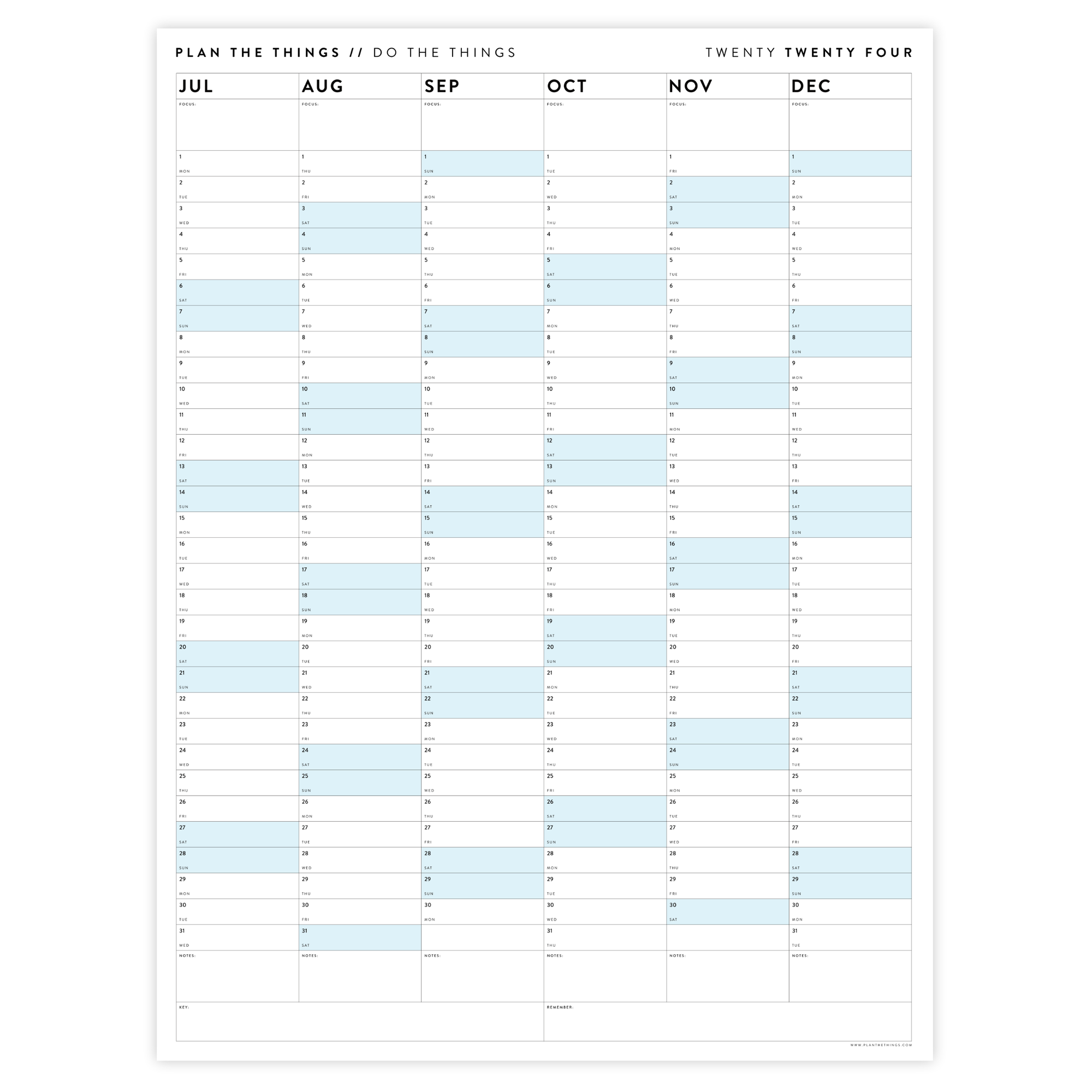 PRINTABLE SIX MONTH 2024 WALL CALENDAR (JULY TO DECEMBER) WITH BLUE WEEKENDS - INSTANT DOWNLOAD