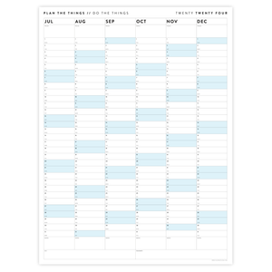 PRINTABLE SIX MONTH 2024 WALL CALENDAR (JULY TO DECEMBER) WITH BLUE WEEKENDS - INSTANT DOWNLOAD
