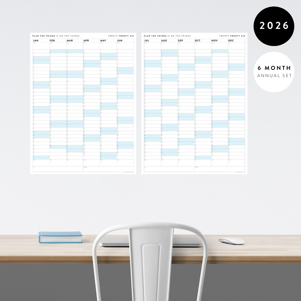 PRINTABLE SIX MONTH 2026 ACADEMIC YEAR WALL CALENDAR SET WITH BLUE WEEKENDS - INSTANT DOWNLOAD