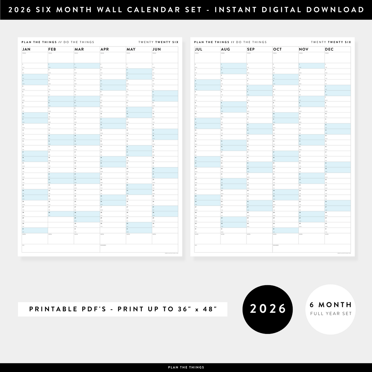 PRINTABLE SIX MONTH 2026 ACADEMIC YEAR WALL CALENDAR SET WITH BLUE WEEKENDS - INSTANT DOWNLOAD