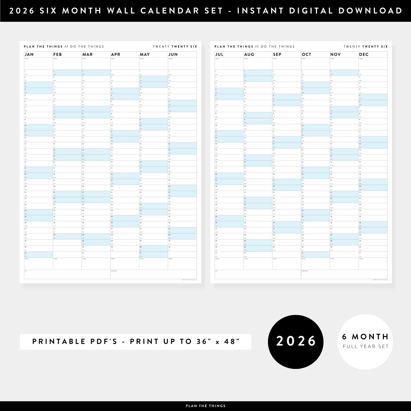 PRINTABLE SIX MONTH 2026 ACADEMIC YEAR WALL CALENDAR SET WITH BLUE WEEKENDS - INSTANT DOWNLOAD
