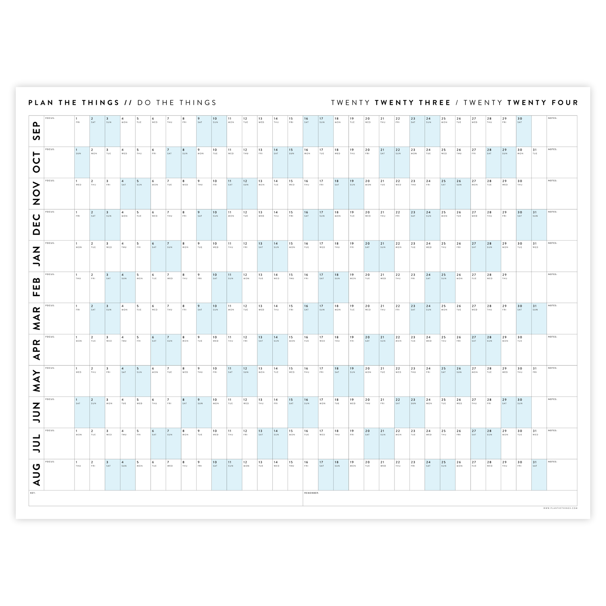 PRINTABLE 2023 / 2024 ACADEMIC WALL CALENDAR (SEPTEMBER START) | HORIZONTAL WITH BLUE WEEKENDS - INSTANT DOWNLOAD