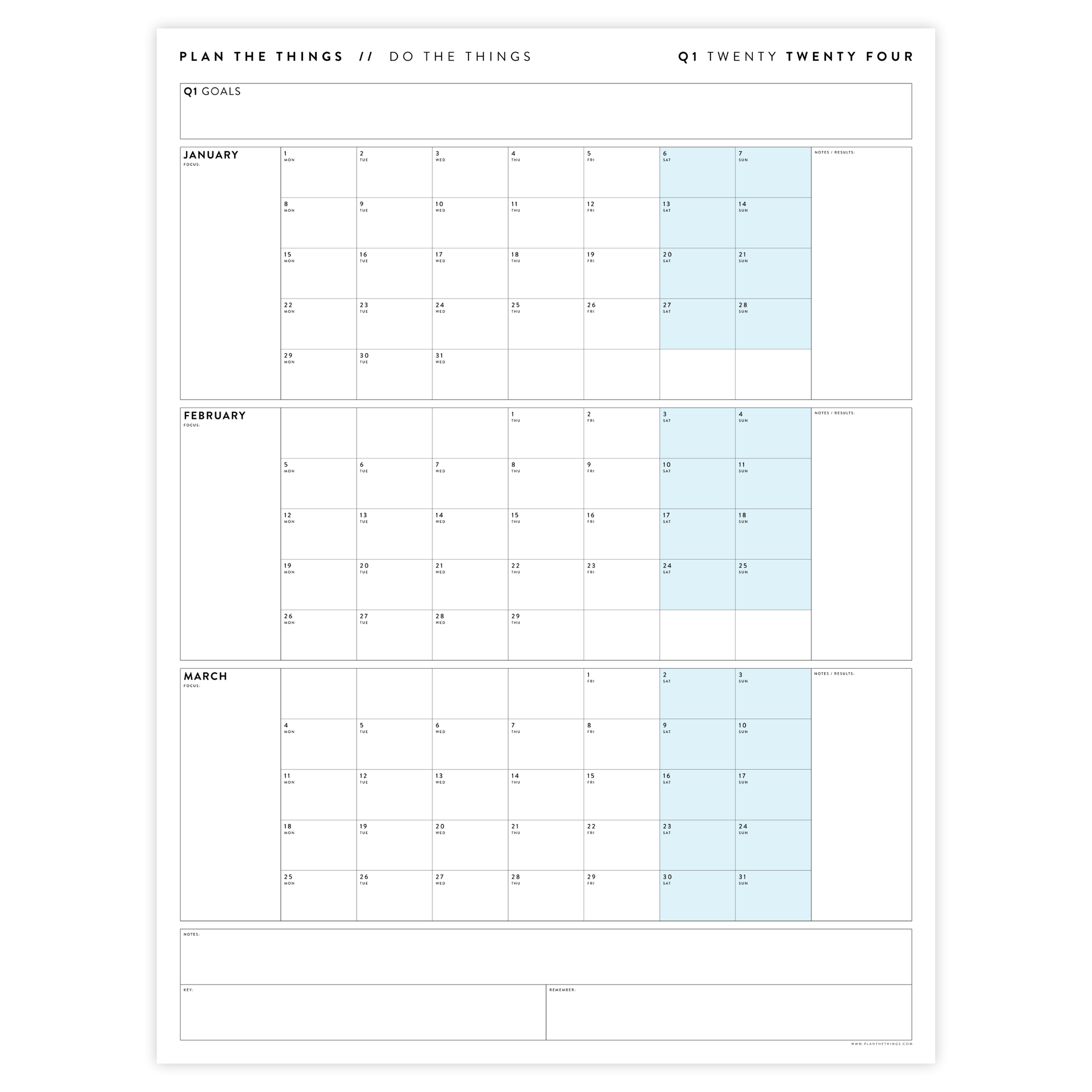 PRINTABLE Q1 (JANUARY - MARCH) 2024 QUARTERLY WALL CALENDAR (BLUE) - INSTANT DOWNLOAD