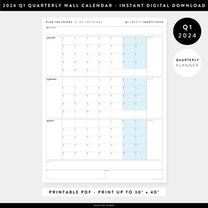 PRINTABLE Q1 (JANUARY - MARCH) 2024 QUARTERLY WALL CALENDAR (BLUE) - INSTANT DOWNLOAD