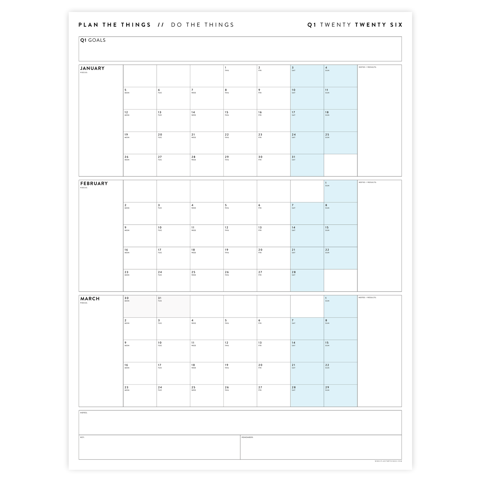 Q1 2026 QUARTERLY GIANT WALL CALENDAR (JANUARY - MARCH 2026) - BLUE WEEKENDS