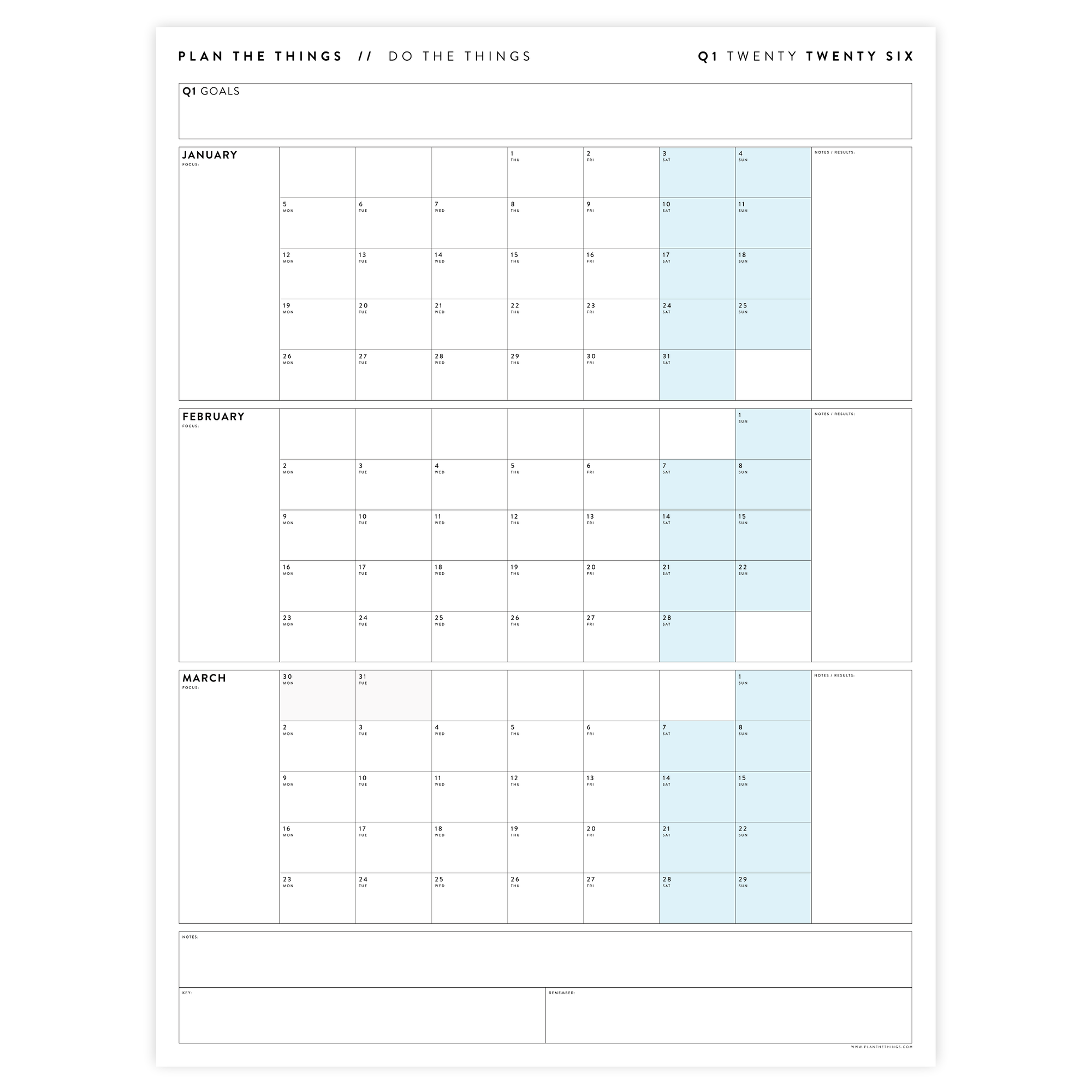 Q1 2026 QUARTERLY GIANT WALL CALENDAR (JANUARY - MARCH 2026) - BLUE WEEKENDS