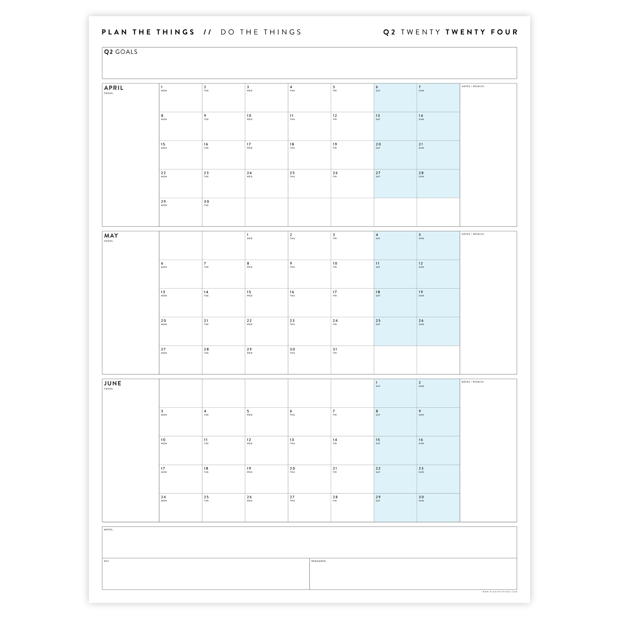 Q2 2024 QUARTERLY GIANT WALL CALENDAR (APRIL - JUNE 2024) - BLUE WEEKENDS