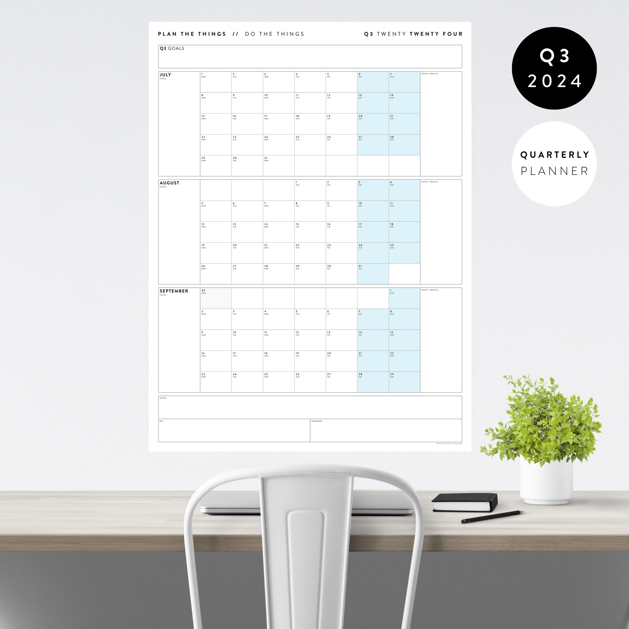 Q3 2024 QUARTERLY GIANT WALL CALENDAR (JULY - SEPTEMBER 2024) - BLUE WEEKENDS