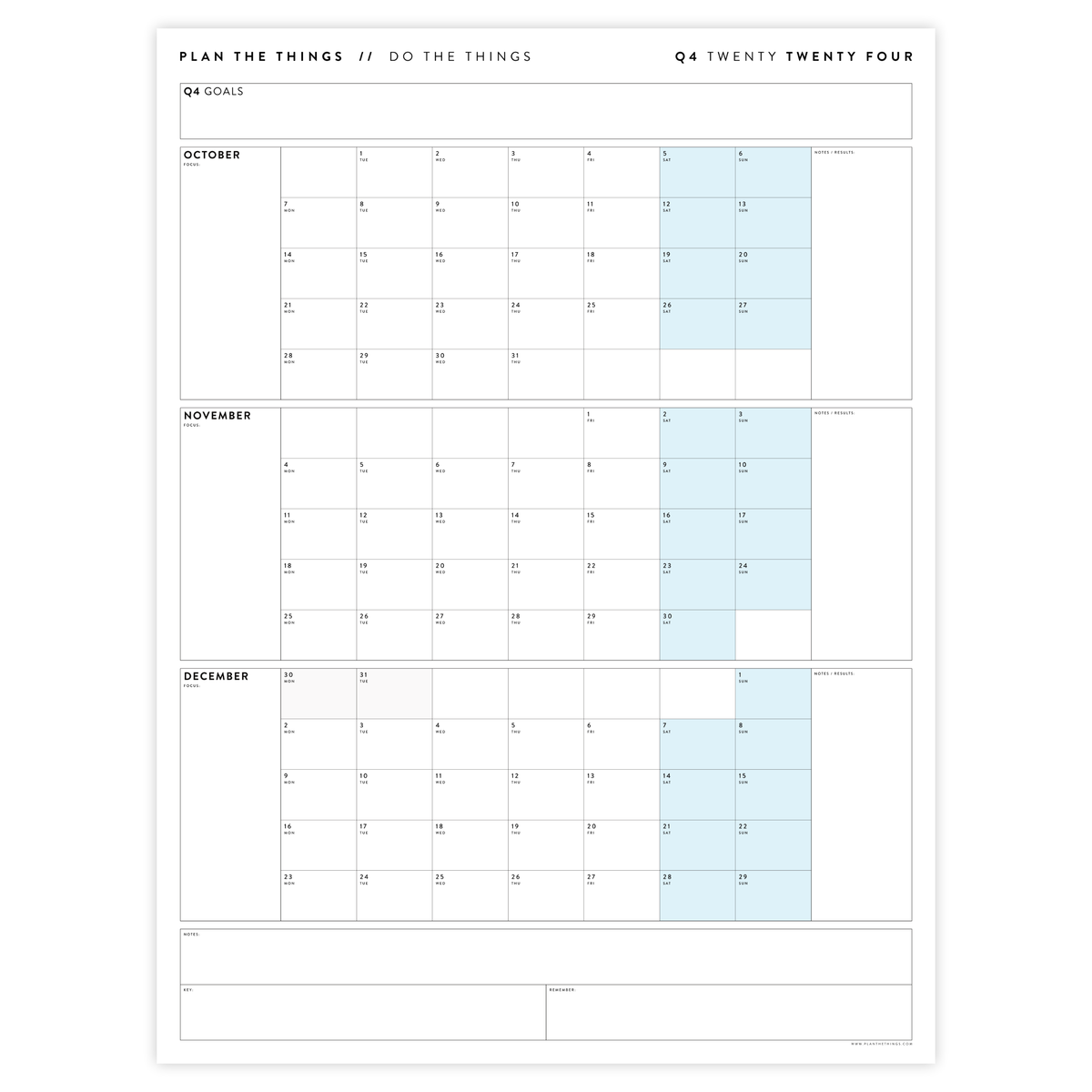 Q4 2024 QUARTERLY GIANT WALL CALENDAR (OCTOBER - DECEMBER 2024) - BLUE WEEKENDS