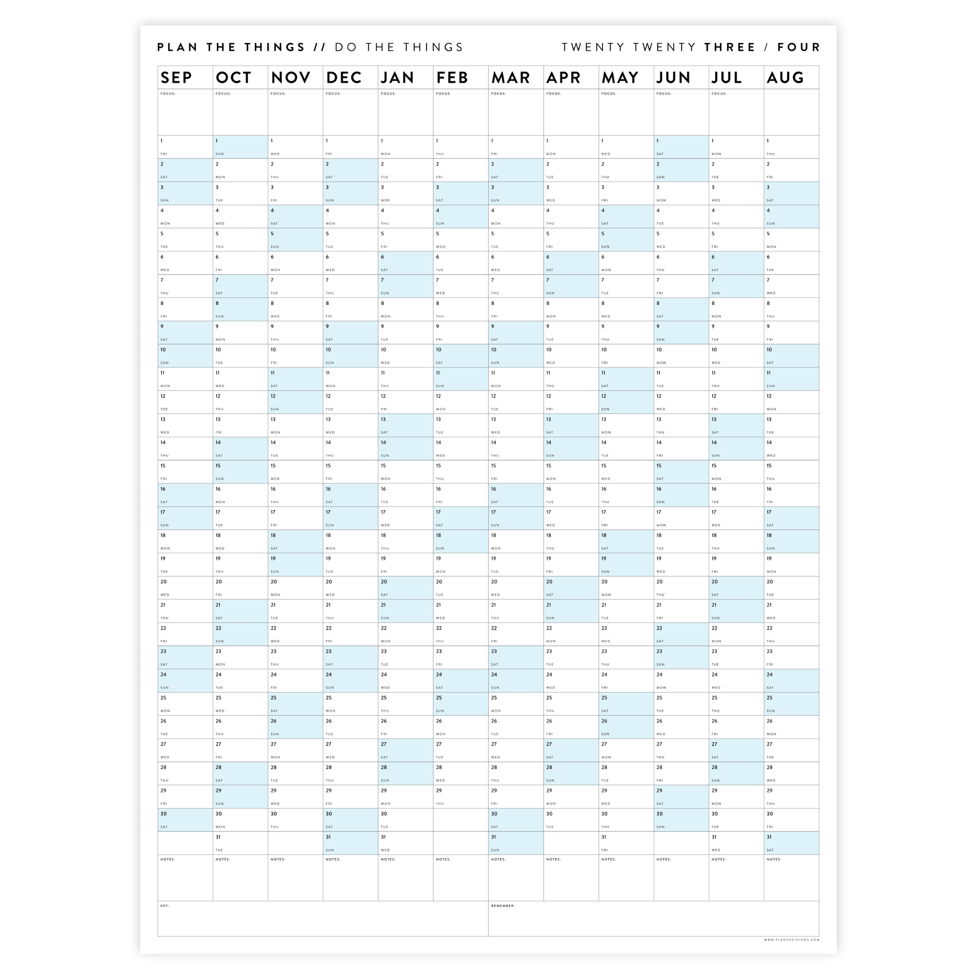 PRINTABLE 2023 / 2024 ACADEMIC WALL CALENDAR (SEPTEMBER START) | VERTICAL WITH BLUE WEEKENDS - INSTANT DOWNLOAD