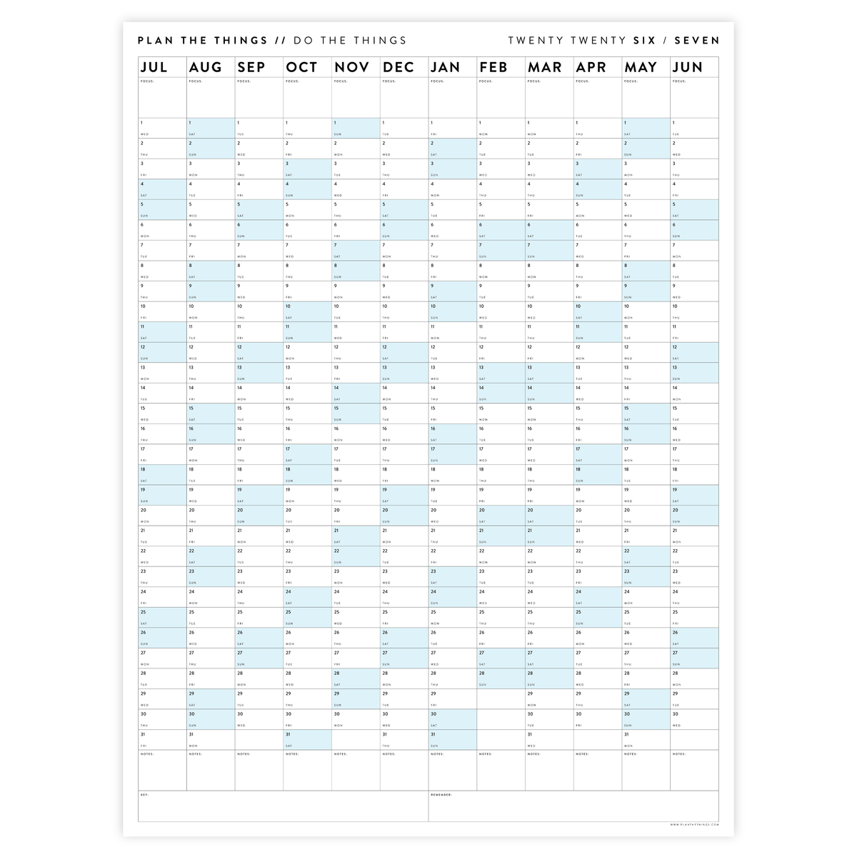 2026 - 2027 ACADEMIC WALL CALENDAR (JULY START) | VERTICAL WITH BLUE WEEKENDS