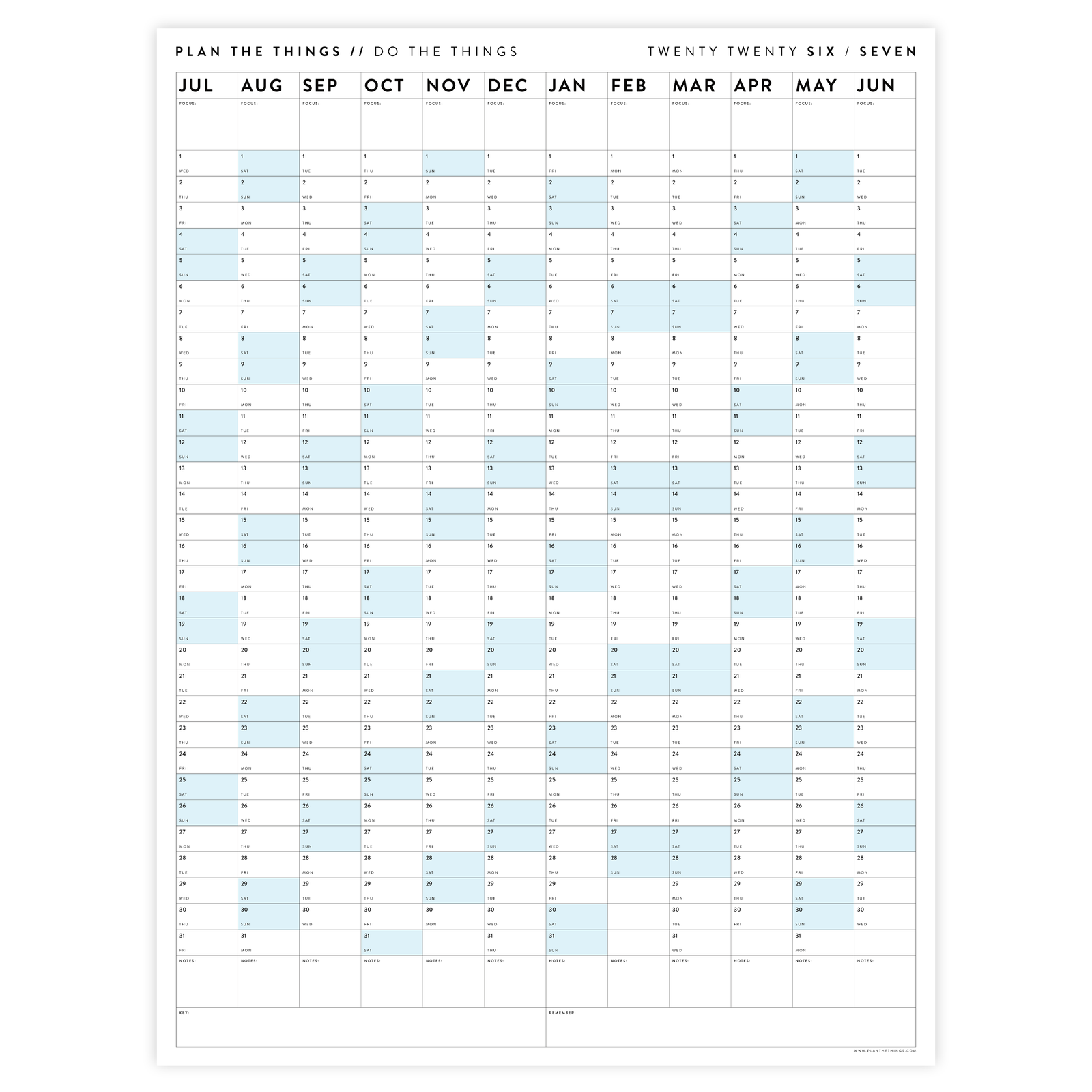 2026 - 2027 ACADEMIC WALL CALENDAR (JULY START) | VERTICAL WITH BLUE WEEKENDS