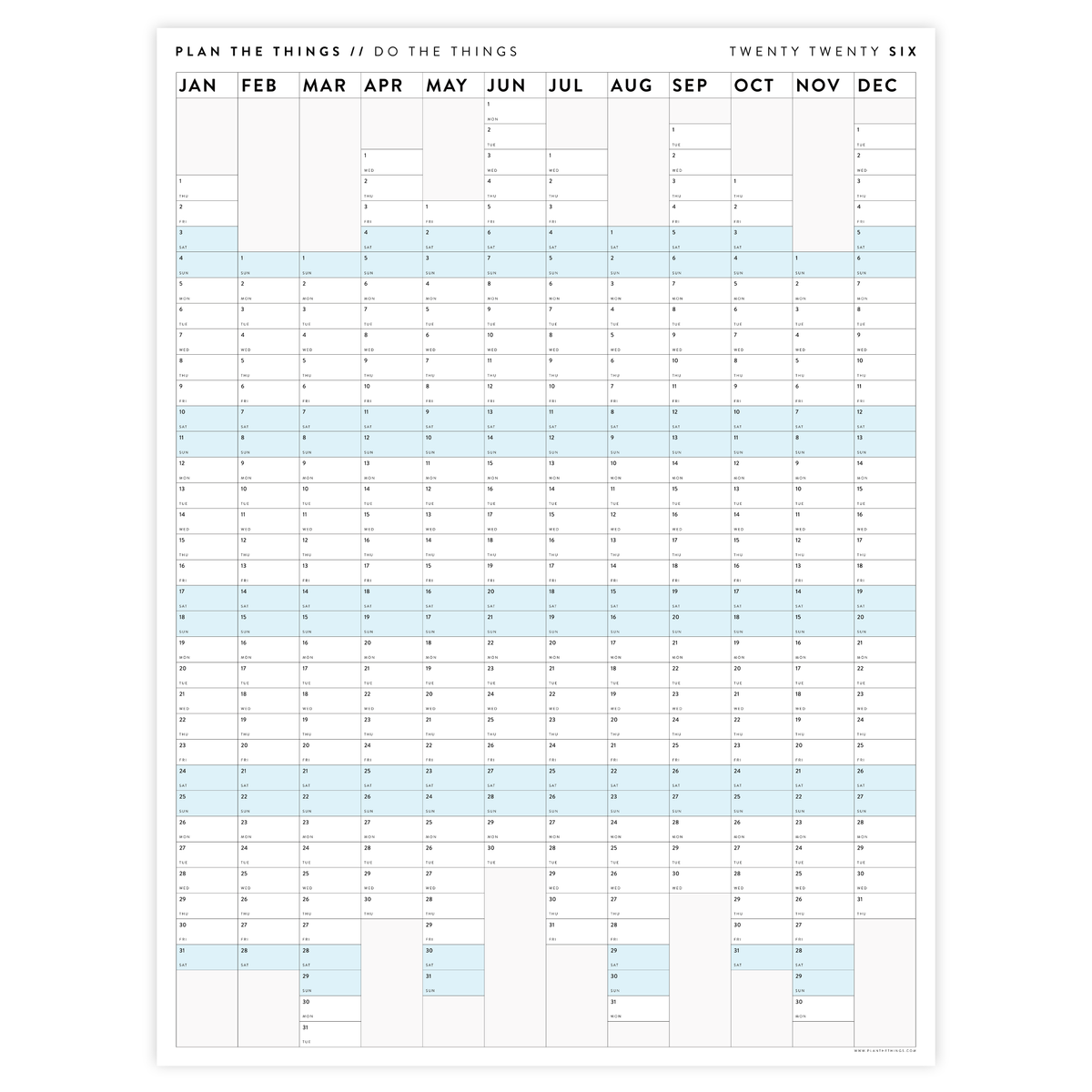 NEW! PRINTABLE VERTICAL 2026 WALL CALENDAR WITH ALIGNED BLUE WEEKENDS - INSTANT DOWNLOAD