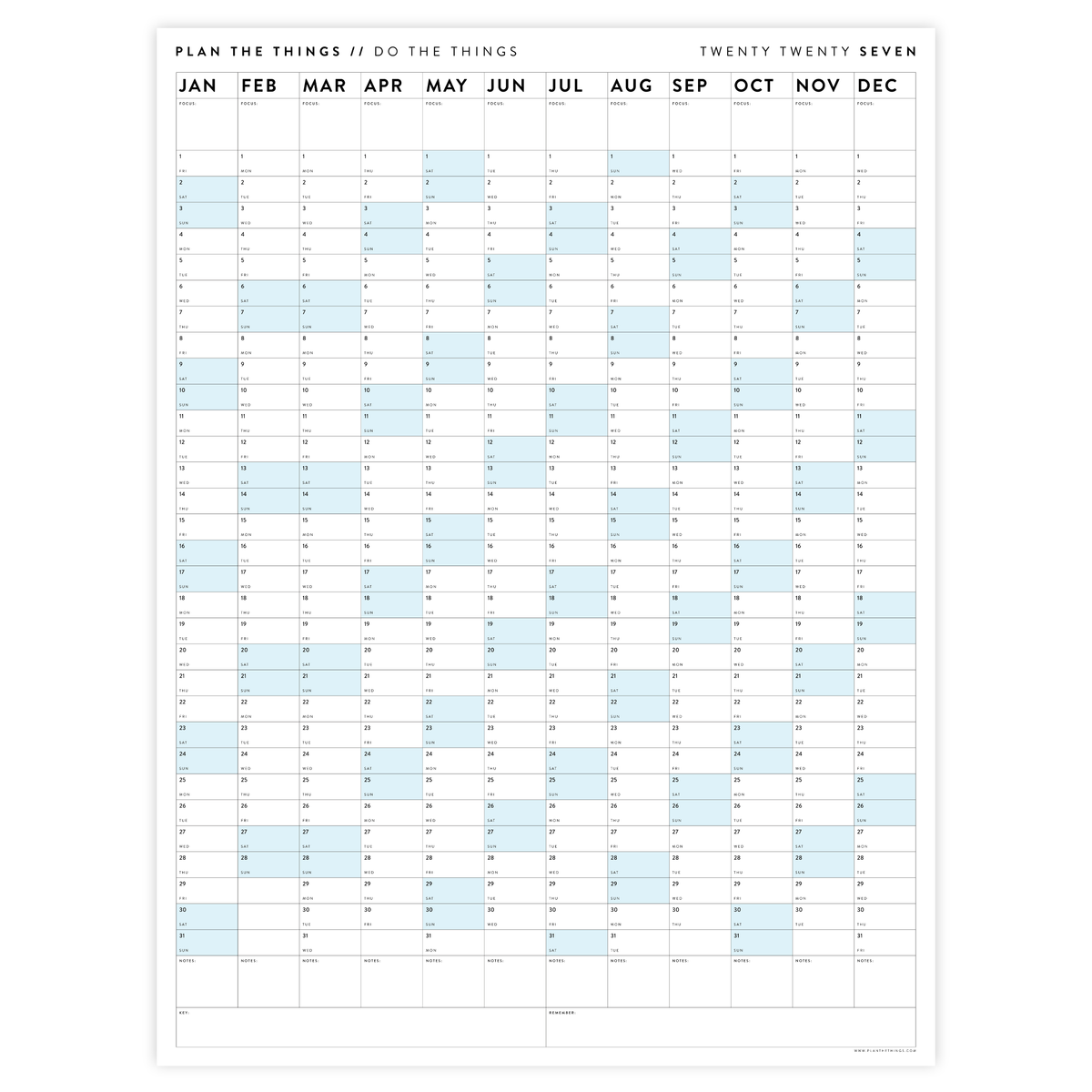 PRINTABLE VERTICAL 2027 WALL CALENDAR WITH BLUE WEEKENDS - INSTANT DOWNLOAD