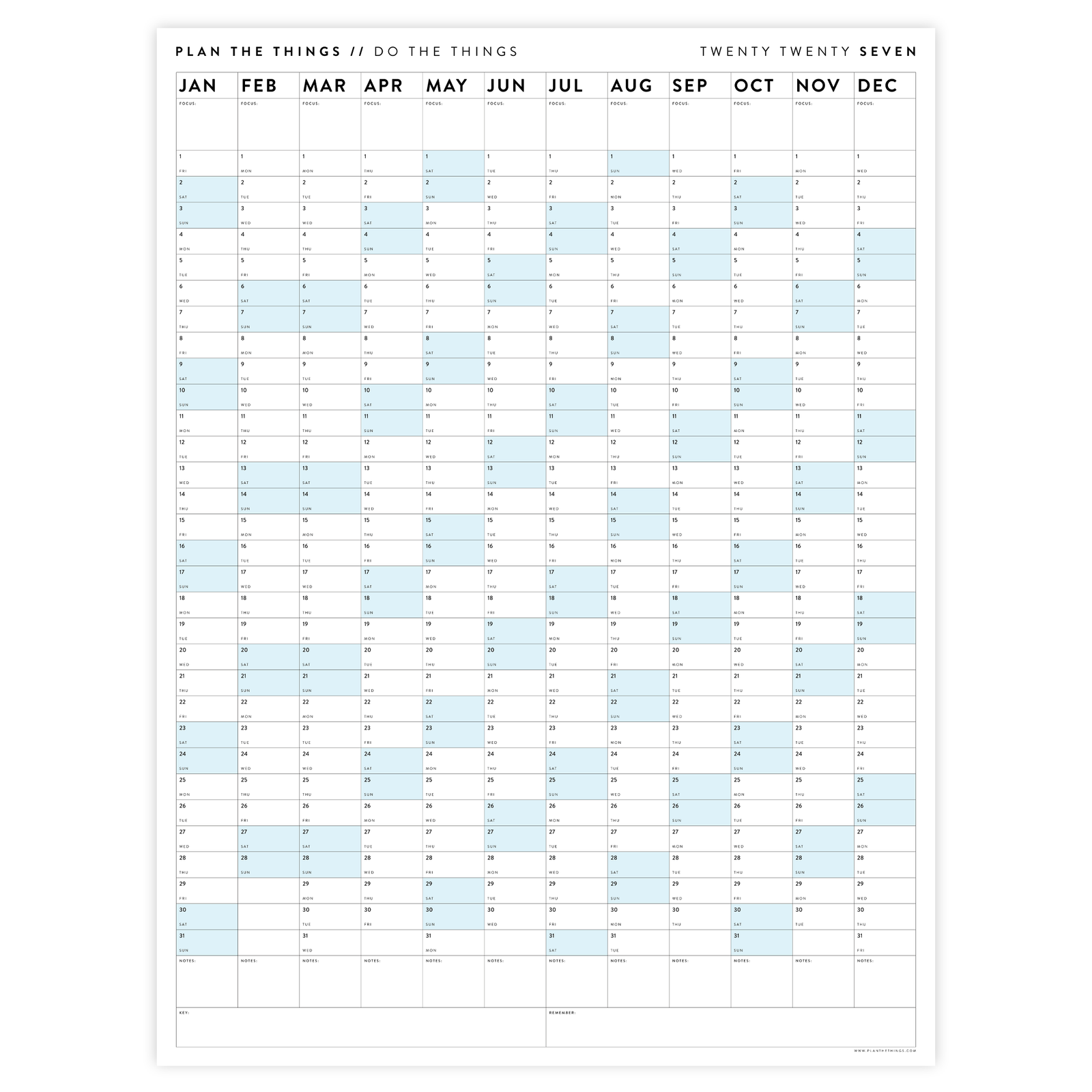 PRINTABLE VERTICAL 2027 WALL CALENDAR WITH BLUE WEEKENDS - INSTANT DOWNLOAD