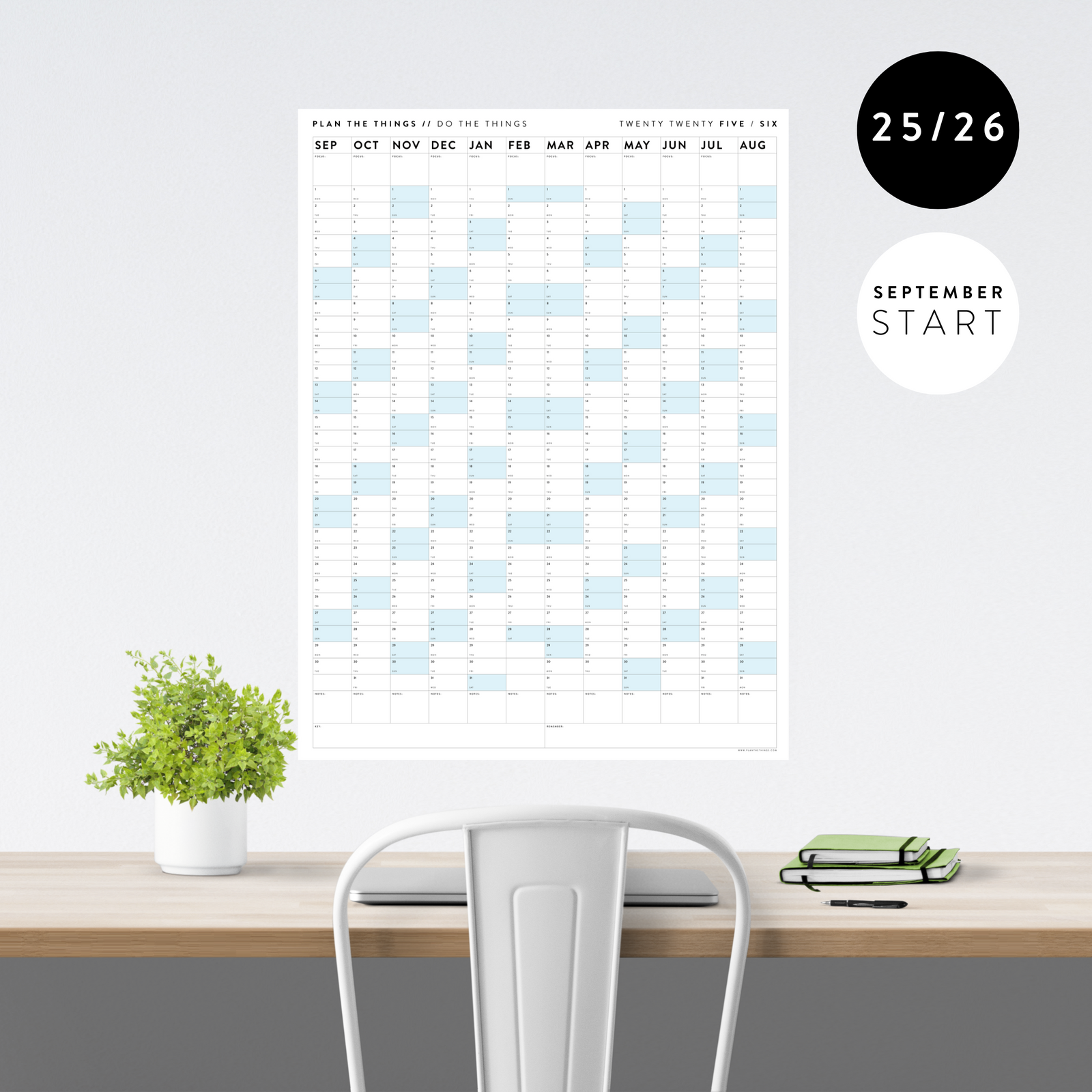 2025 - 2026 ACADEMIC WALL CALENDAR (SEPTEMBER START) | VERTICAL WITH BLUE WEEKENDS