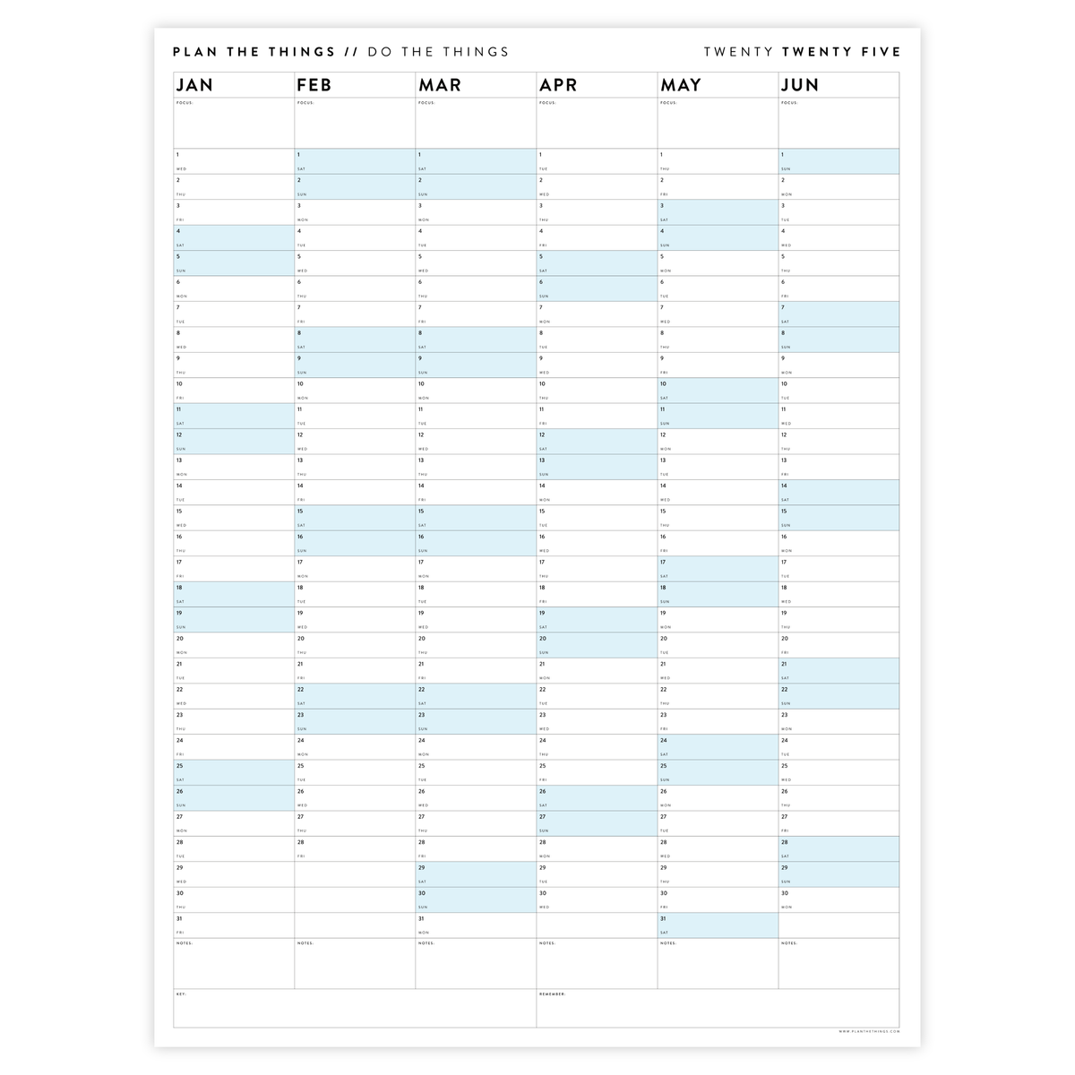 PRINTABLE SIX MONTH 2025 WALL CALENDAR (JANUARY TO JUNE) WITH BLUE WEEKENDS - INSTANT DOWNLOAD