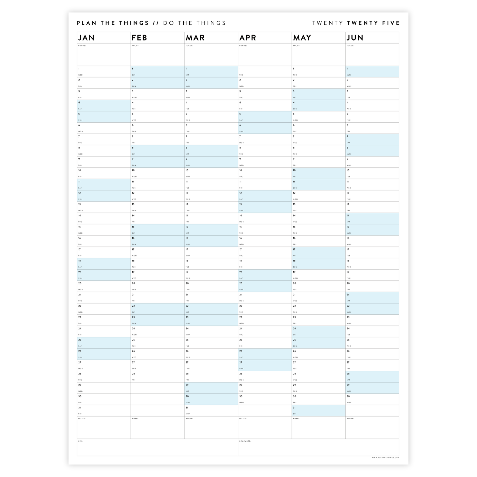 PRINTABLE SIX MONTH 2025 WALL CALENDAR SET WITH BLUE WEEKENDS - INSTANT DOWNLOAD