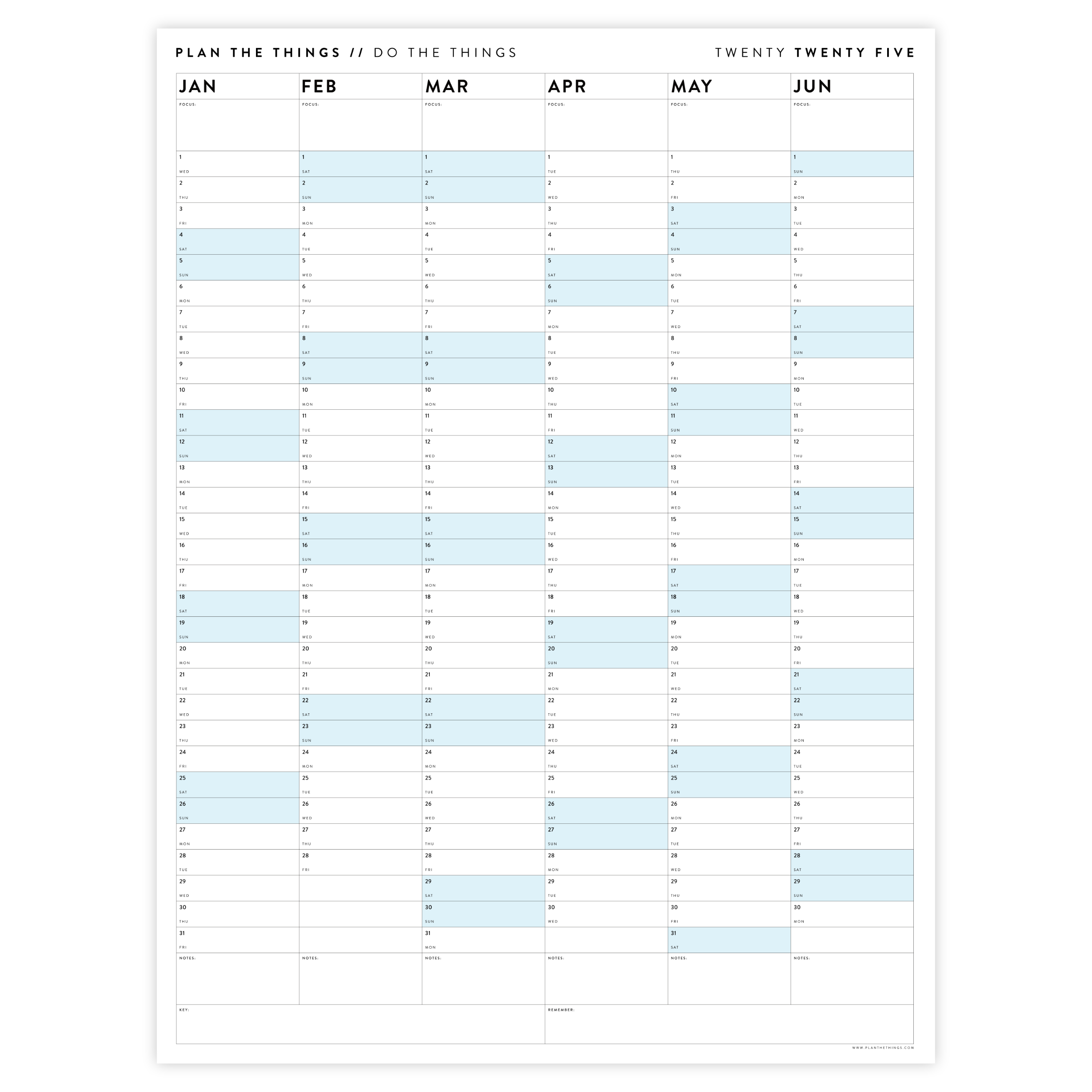 PRINTABLE SIX MONTH 2025 WALL CALENDAR - BLUE 2025 JAN JUNE SIX MONTH WALL CALENDAR PLAN THE THINGS 5000x 