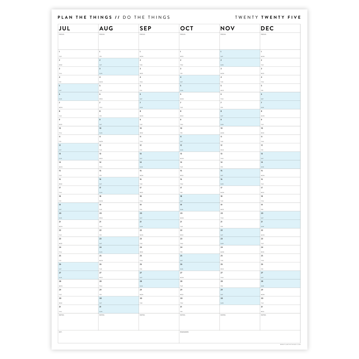 SIX MONTH 2025 GIANT WALL CALENDAR (JULY TO DECEMBER) WITH BLUE WEEKENDS