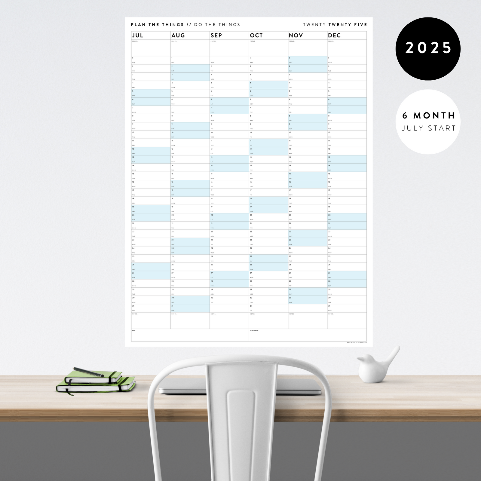 SIX MONTH 2025 GIANT WALL CALENDAR (JULY TO DECEMBER) WITH BLUE WEEKENDS