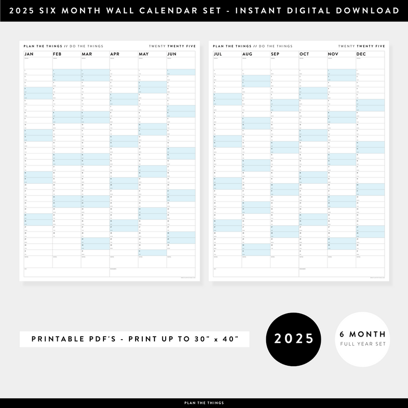 PRINTABLE SIX MONTH 2025 WALL CALENDAR SET WITH BLUE WEEKENDS INSTAN