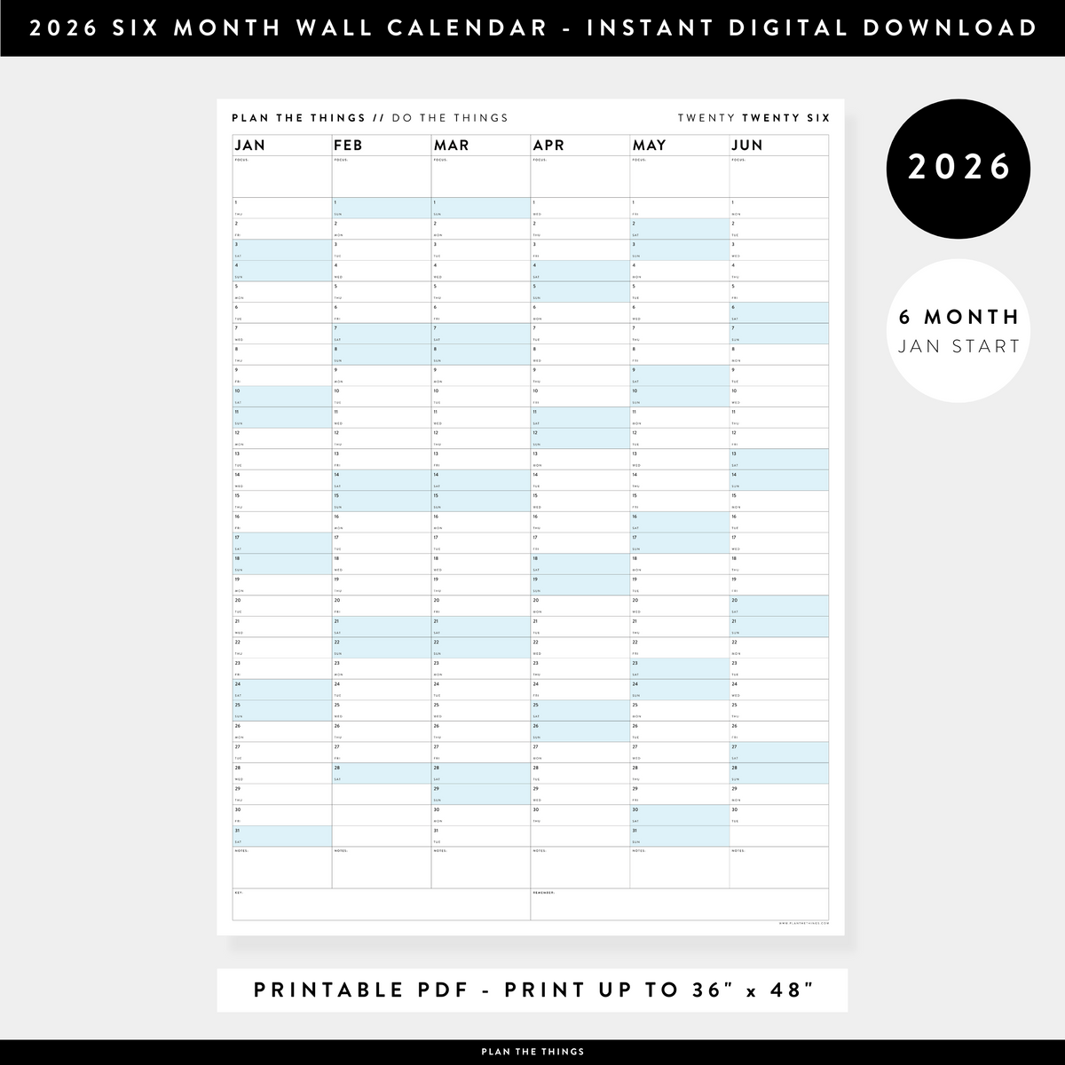PRINTABLE SIX MONTH 2026 WALL CALENDAR (JANUARY TO JUNE) WITH BLUE WEEKENDS - INSTANT DOWNLOAD