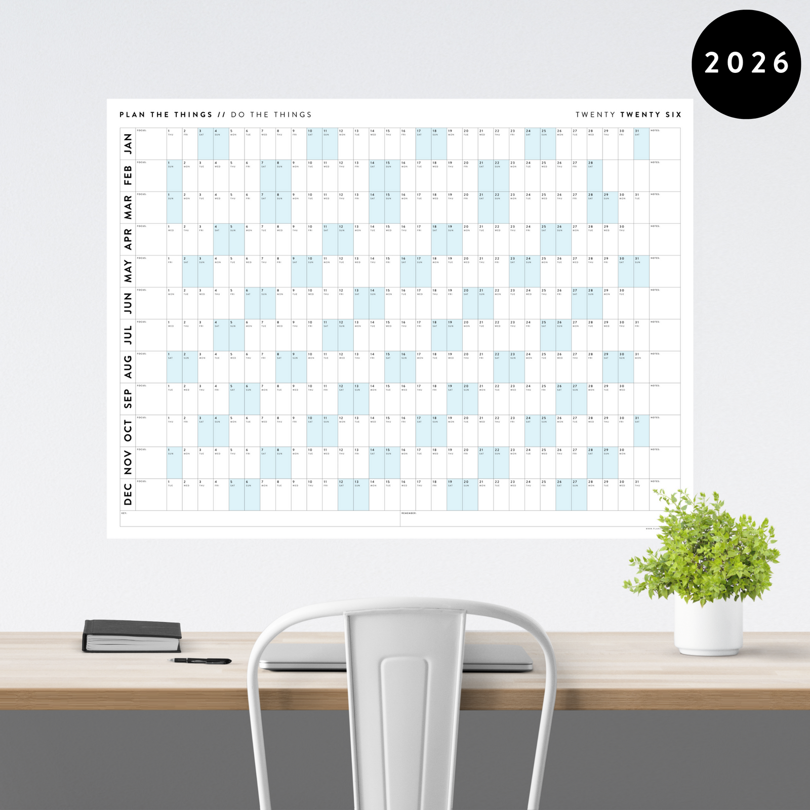 GIANT 2026 ANNUAL WALL CALENDAR | HORIZONTAL WITH BLUE WEEKENDS