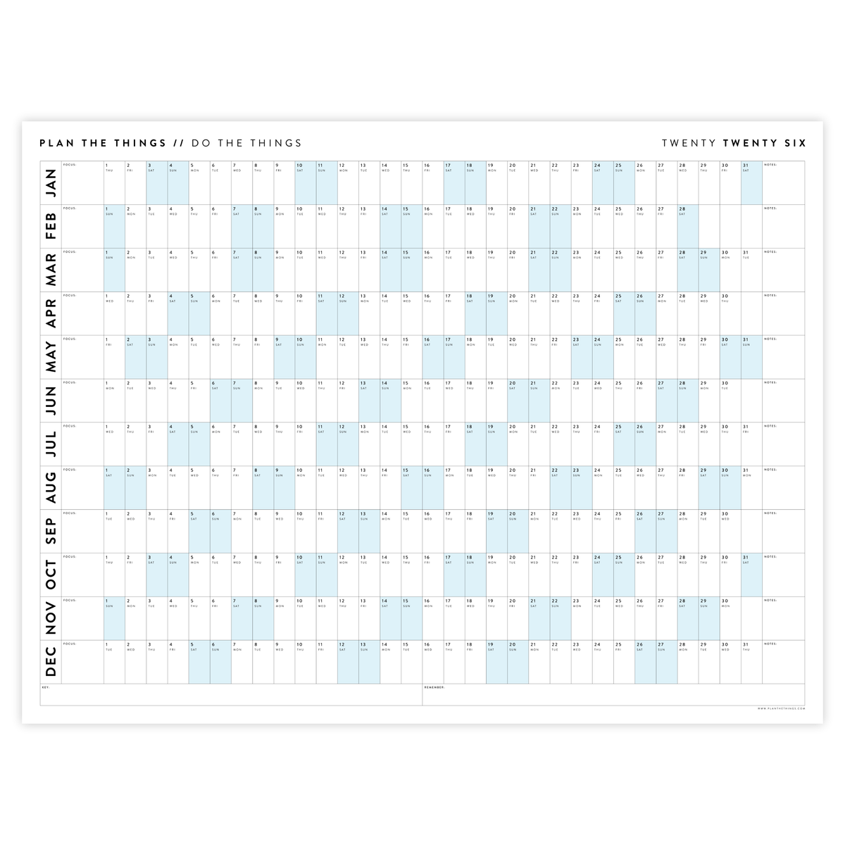GIANT 2026 ANNUAL WALL CALENDAR | HORIZONTAL WITH BLUE WEEKENDS