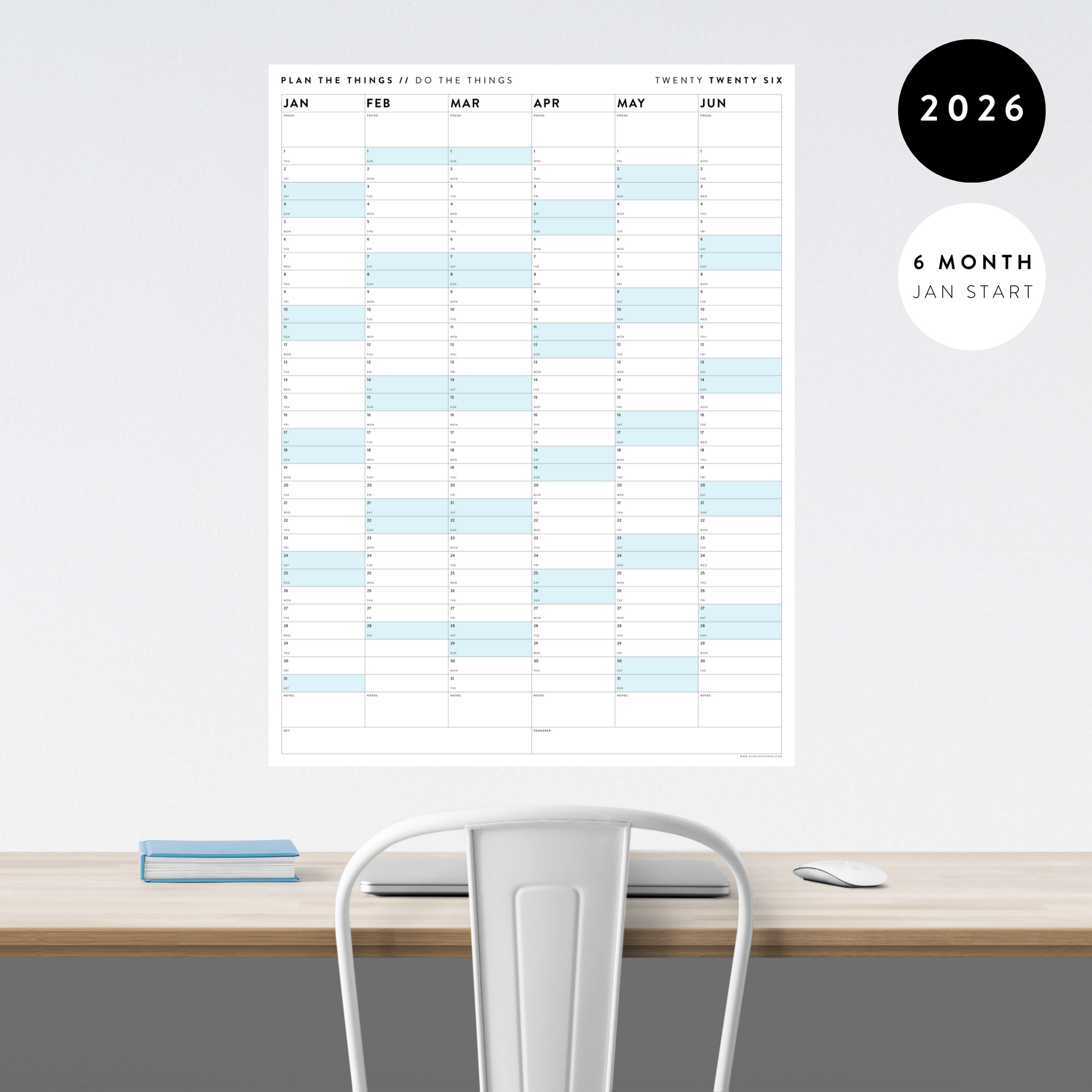 SIX MONTH 2026 GIANT WALL CALENDAR (JANUARY TO JUNE)  WITH BLUE WEEKENDS